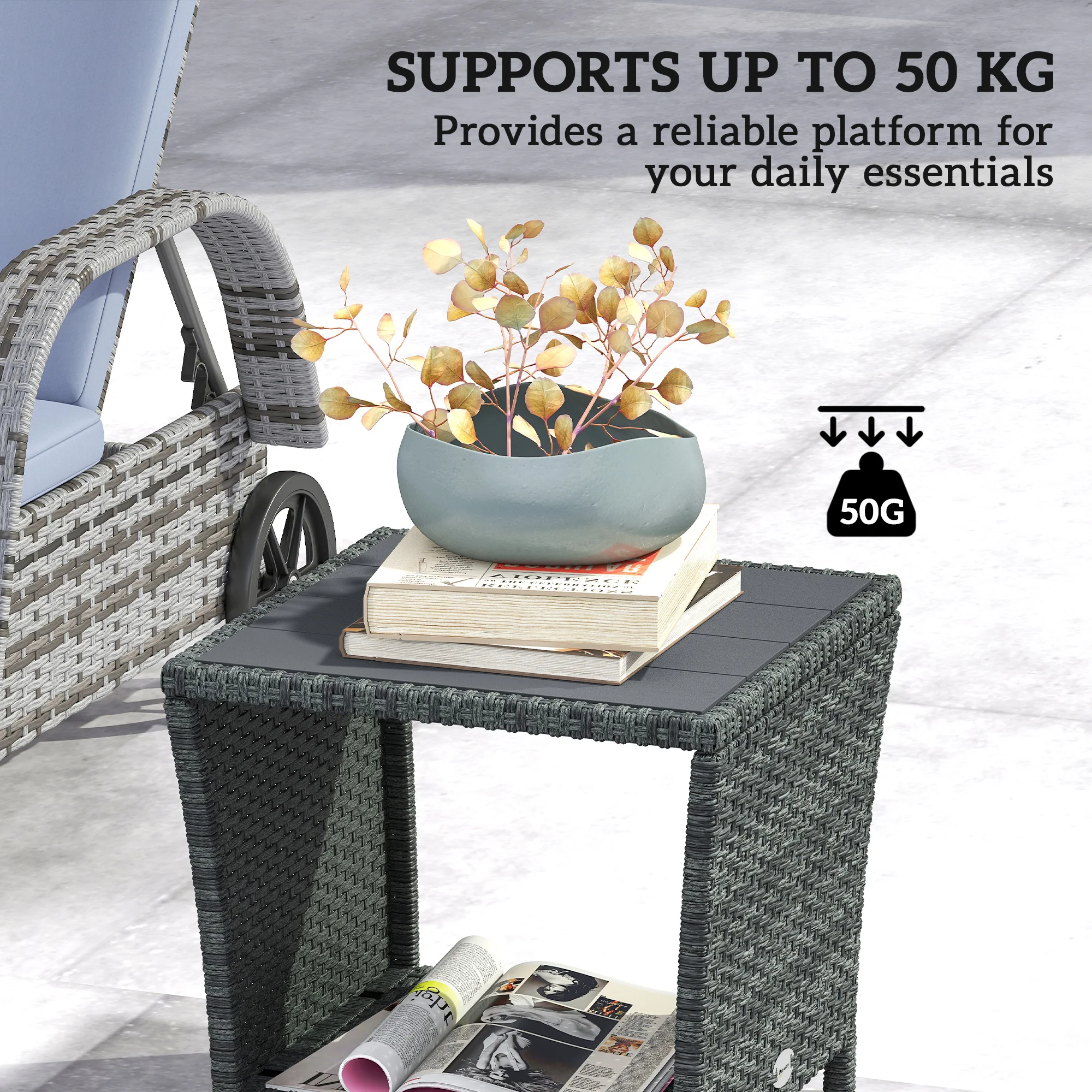 2-Tier PE Rattan Side Table with Storage Shelf, Grey - Image 8
