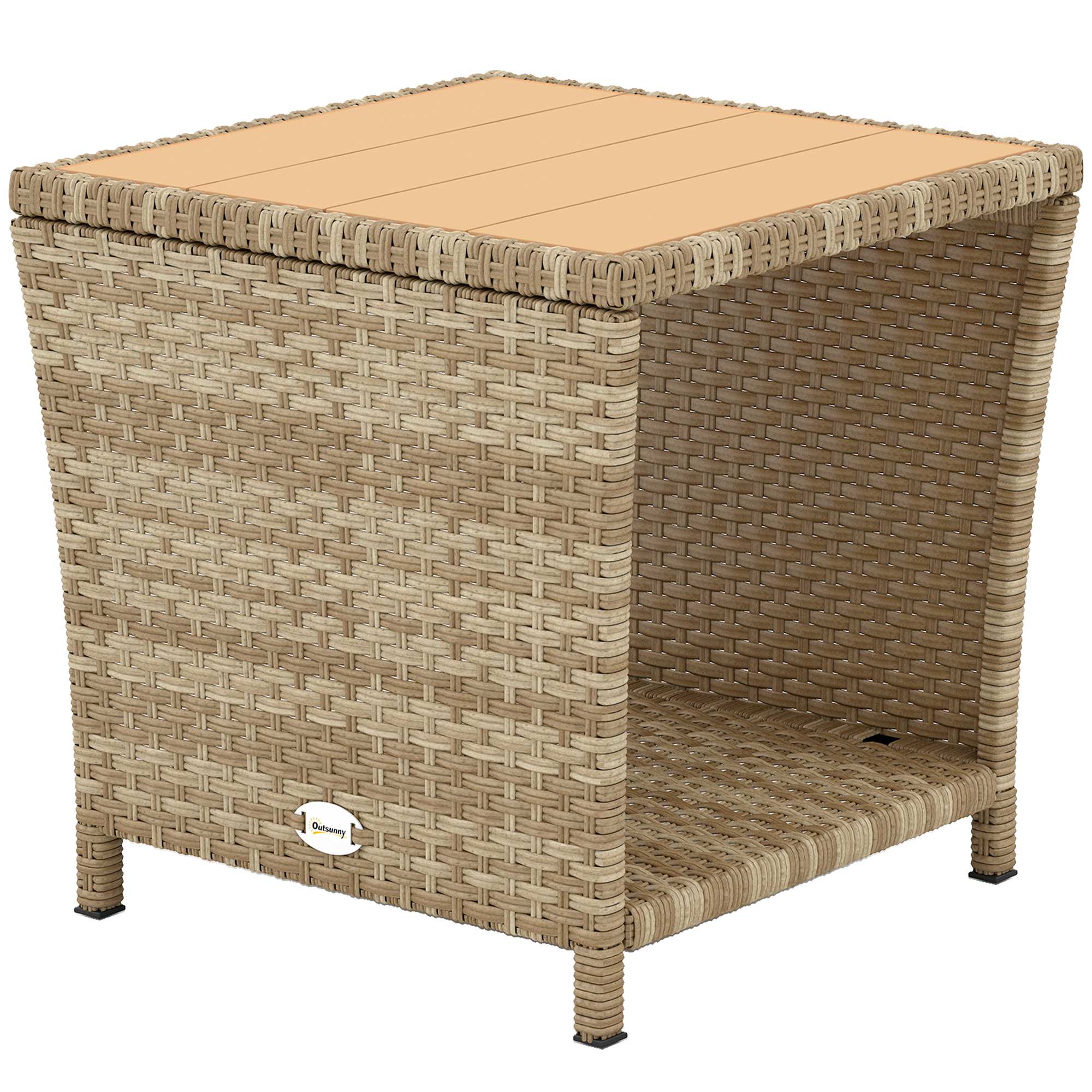 2-Tier PE Rattan Side Table with Storage Shelf, Khaki - Image 2