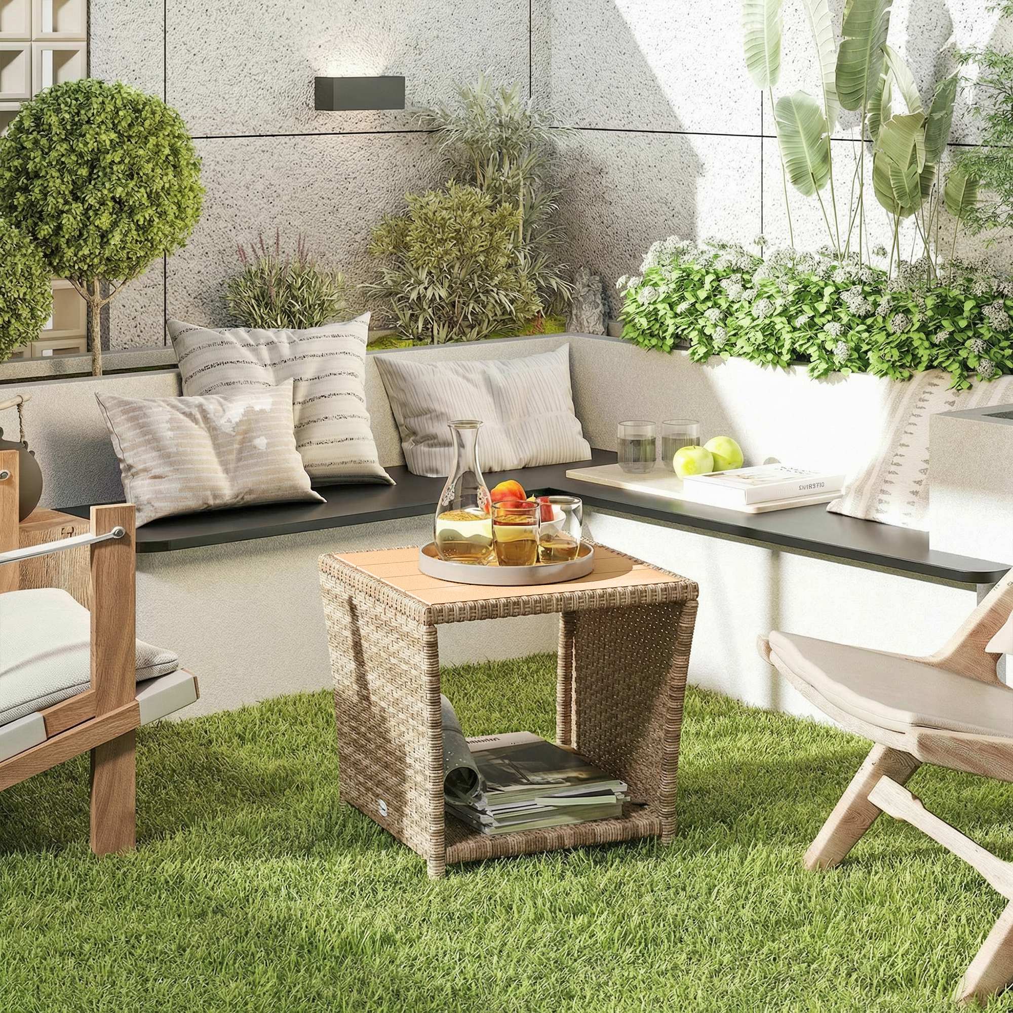2-Tier PE Rattan Side Table with Storage Shelf, Khaki - Image 3
