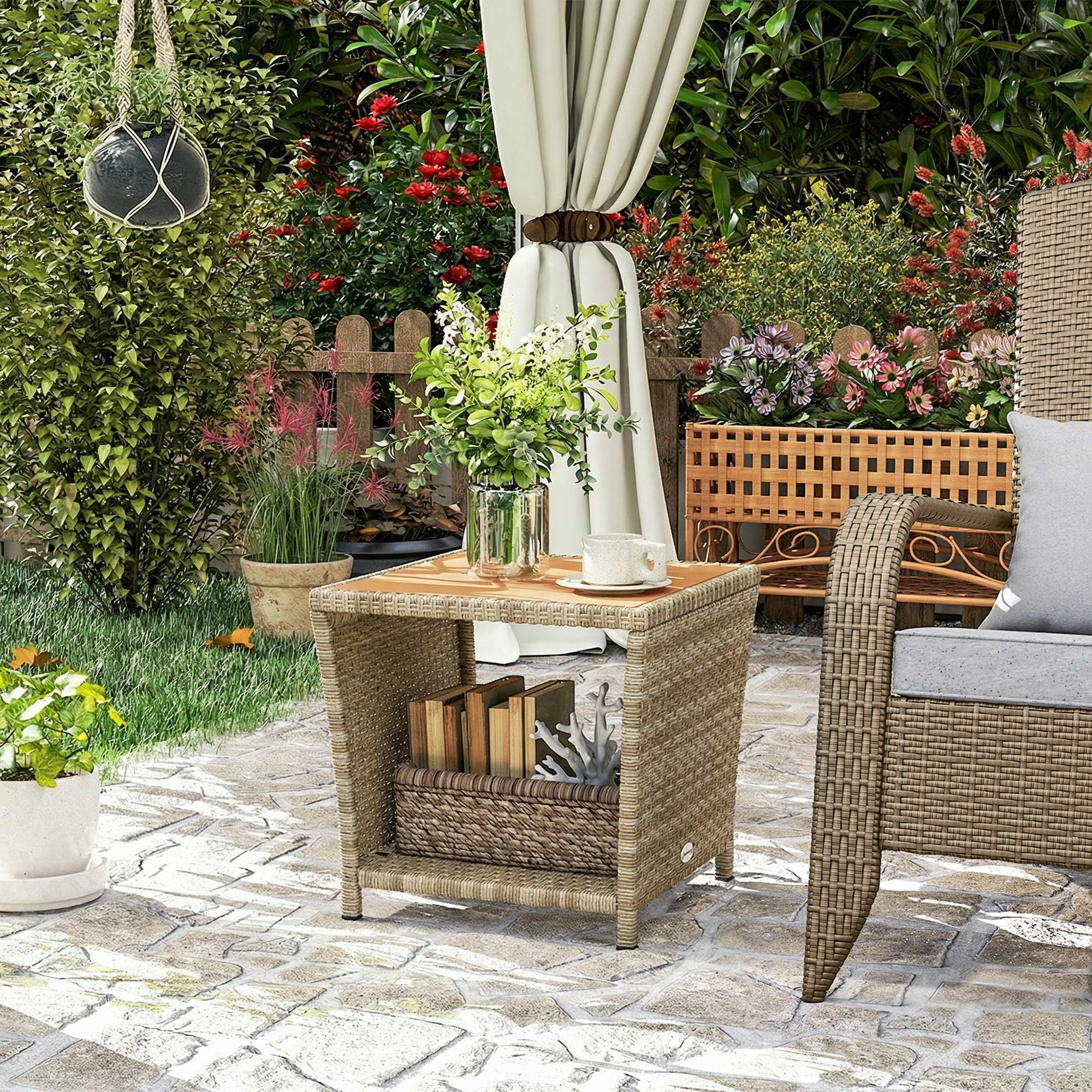 2-Tier PE Rattan Side Table with Storage Shelf, Khaki - Image 4
