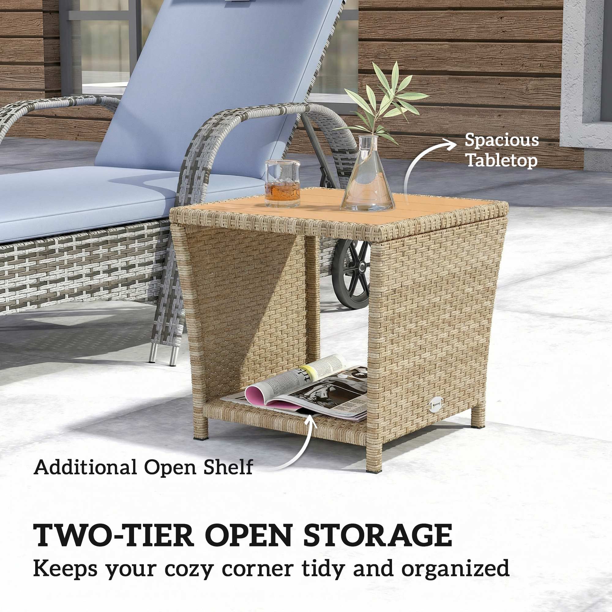 2-Tier PE Rattan Side Table with Storage Shelf, Khaki - Image 6