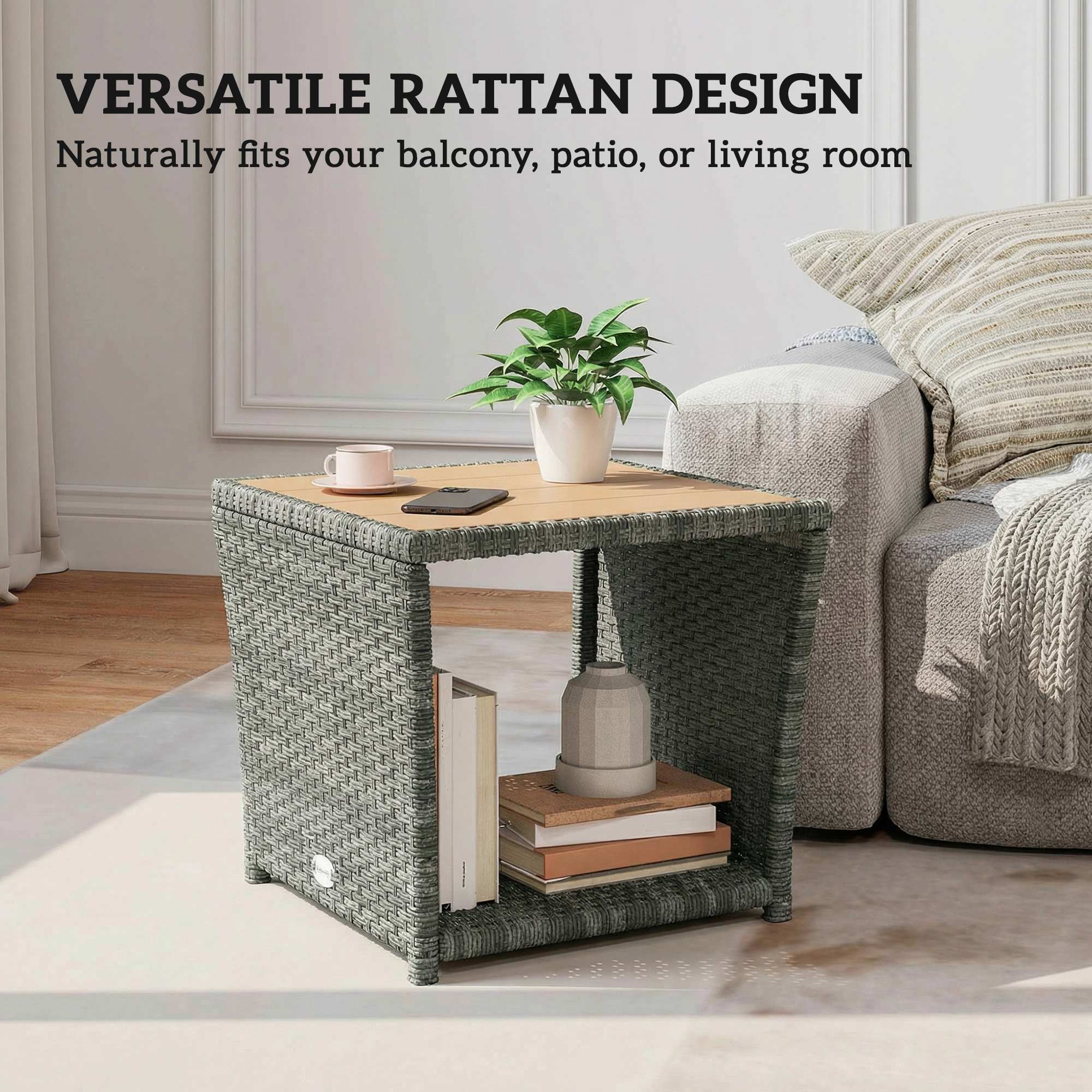2-Tier PE Rattan Side Table with Storage Shelf, Light Grey - Image 10