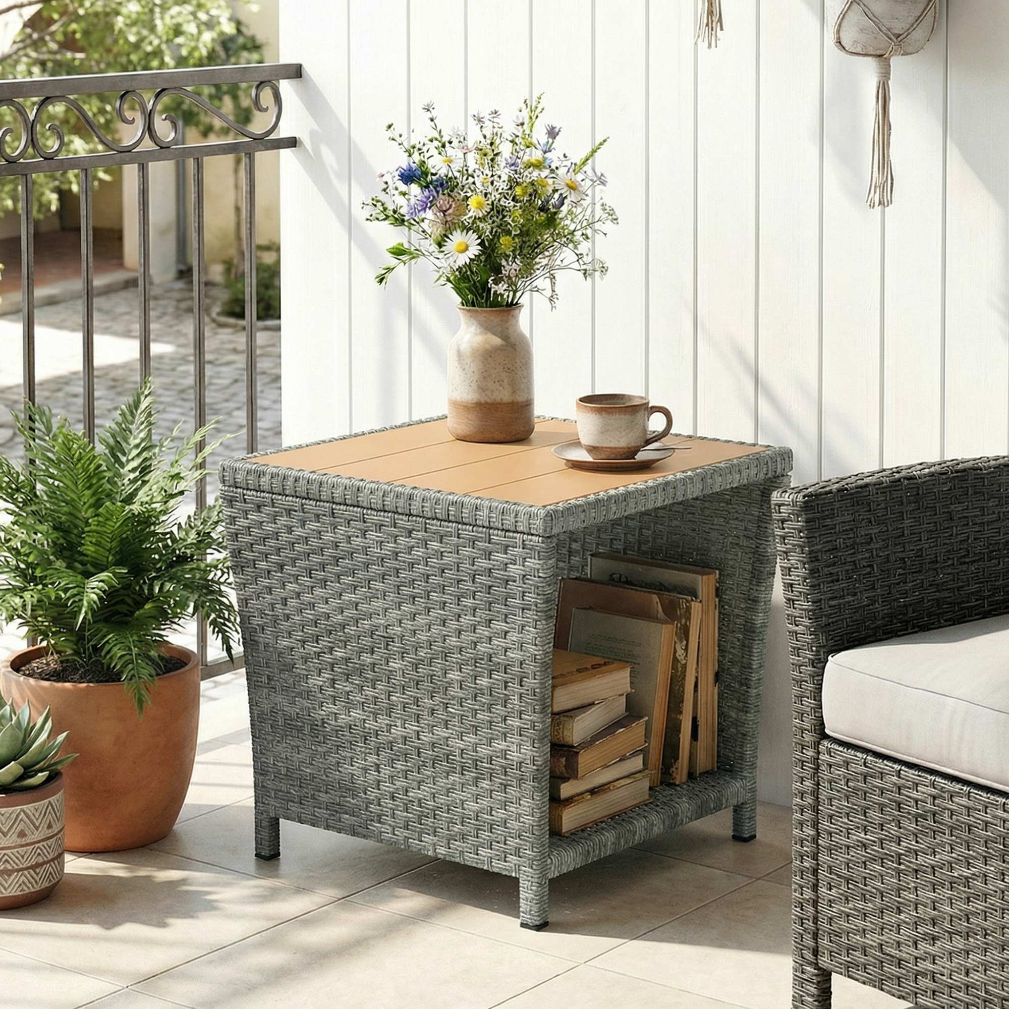 2-Tier PE Rattan Side Table with Storage Shelf, Light Grey - Image 11
