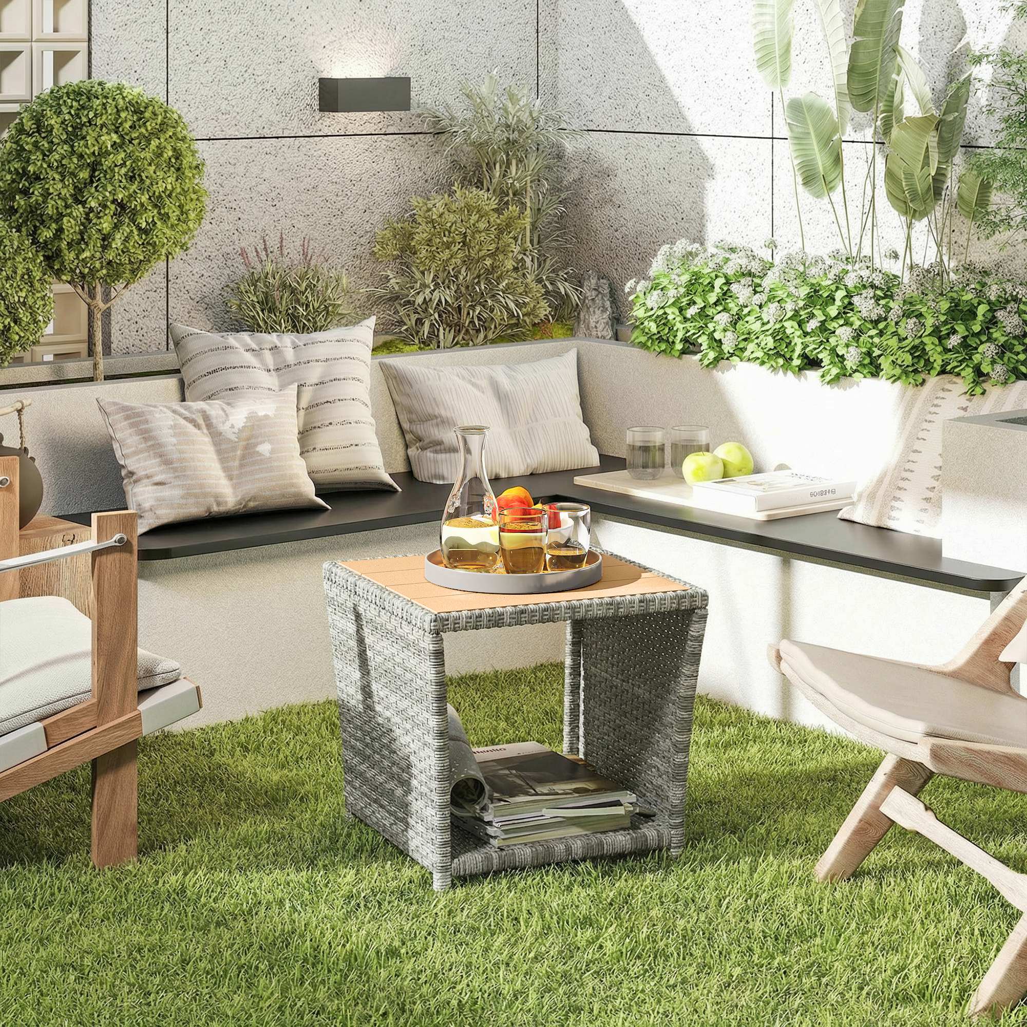 2-Tier PE Rattan Side Table with Storage Shelf, Light Grey - Image 3