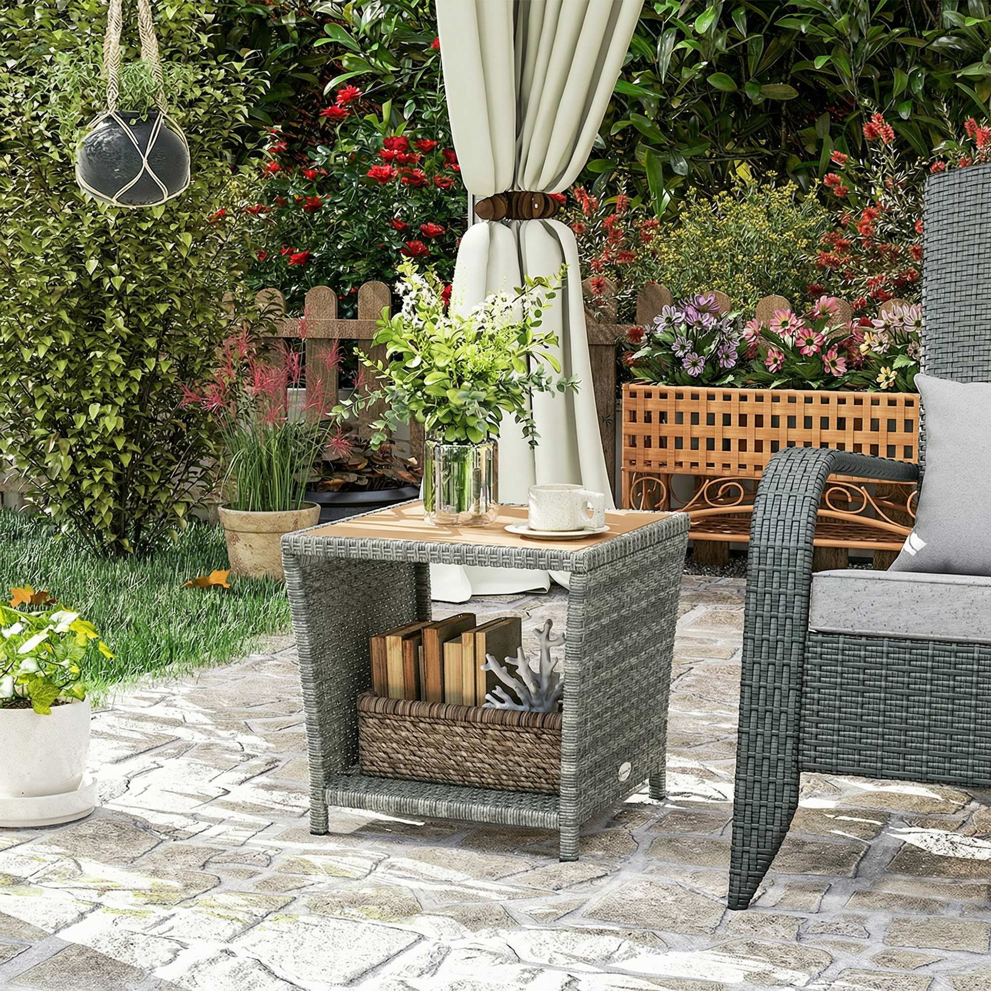 2-Tier PE Rattan Side Table with Storage Shelf, Light Grey - Image 4
