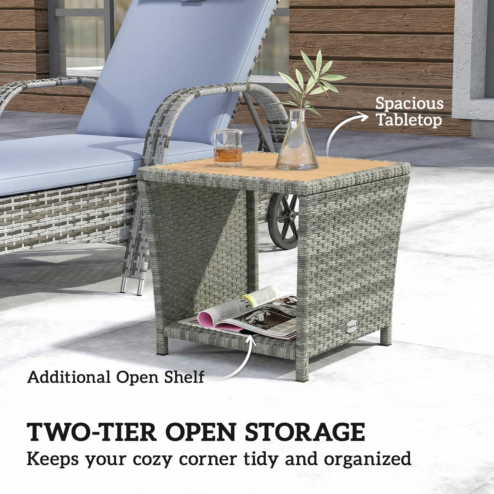 2-Tier PE Rattan Side Table with Storage Shelf, Light Grey - Image 6