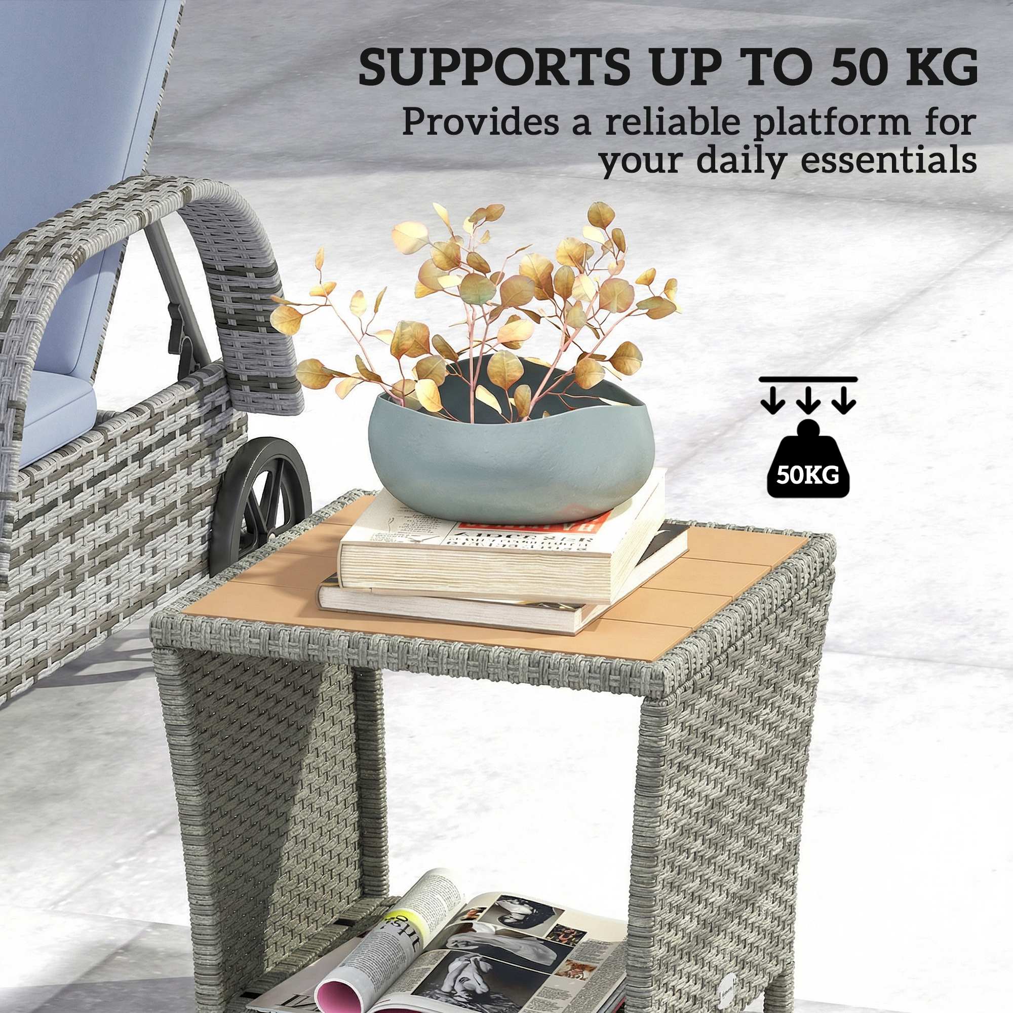 2-Tier PE Rattan Side Table with Storage Shelf, Light Grey - Image 8