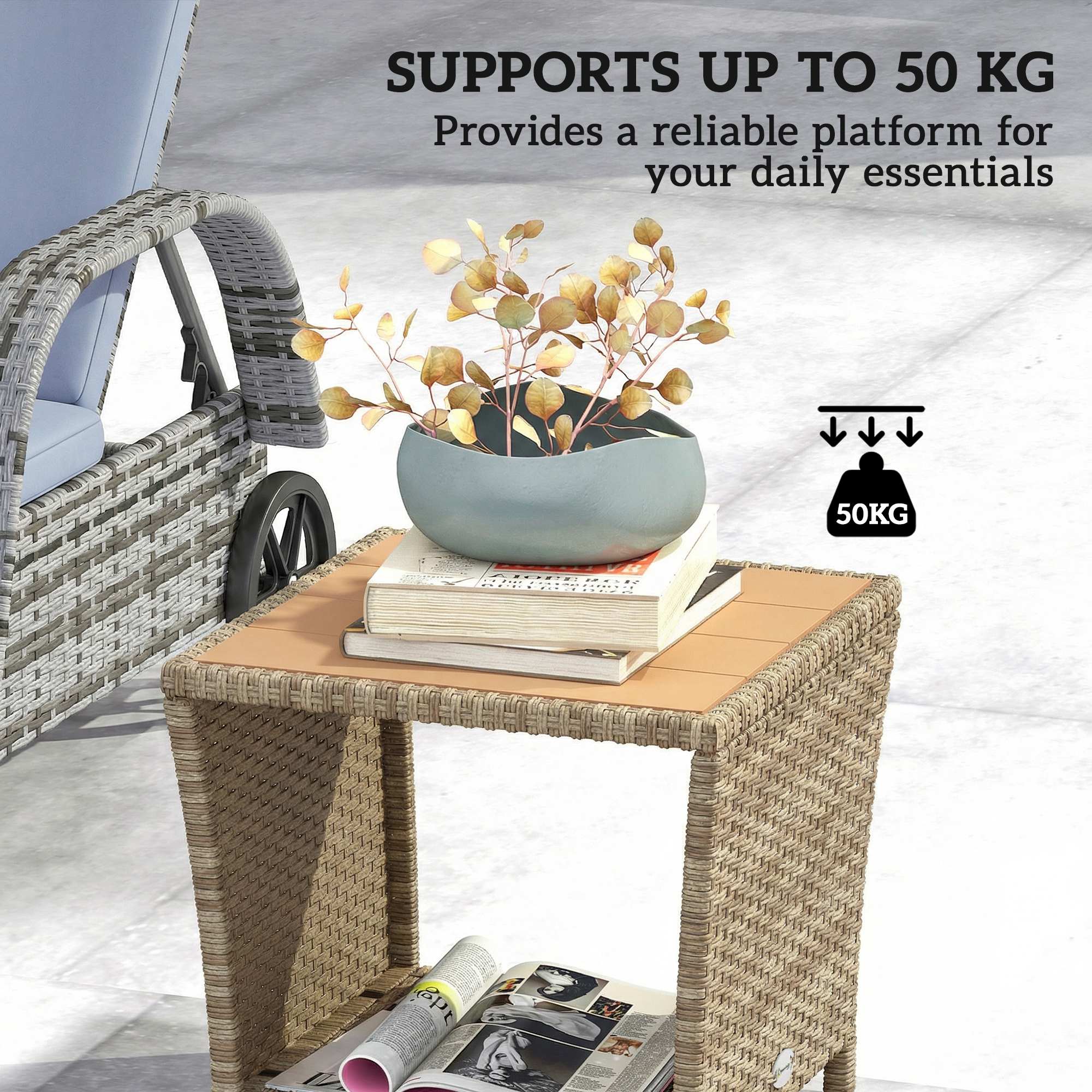 2-Tier PE Rattan Side Table with Storage Shelf, Khaki - Image 8
