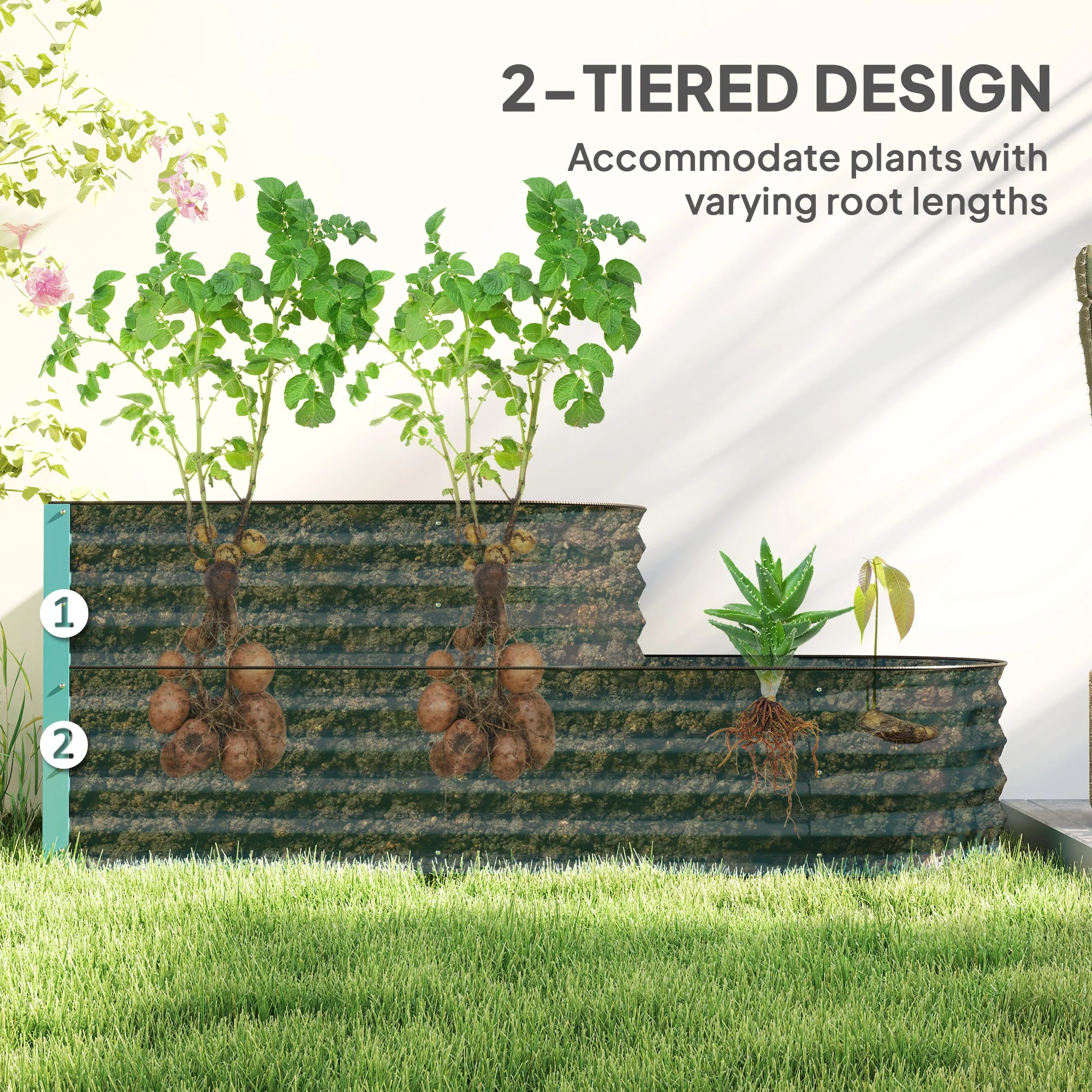 2-Tier Raised Garden Bed, Outdoor Galvanised Planter Box with Safety Edging and Gloves, Metal Raised Bed with Open Bottom for Vegetables, Flowers, Fruits and Herbs, Dark Green - Image 6