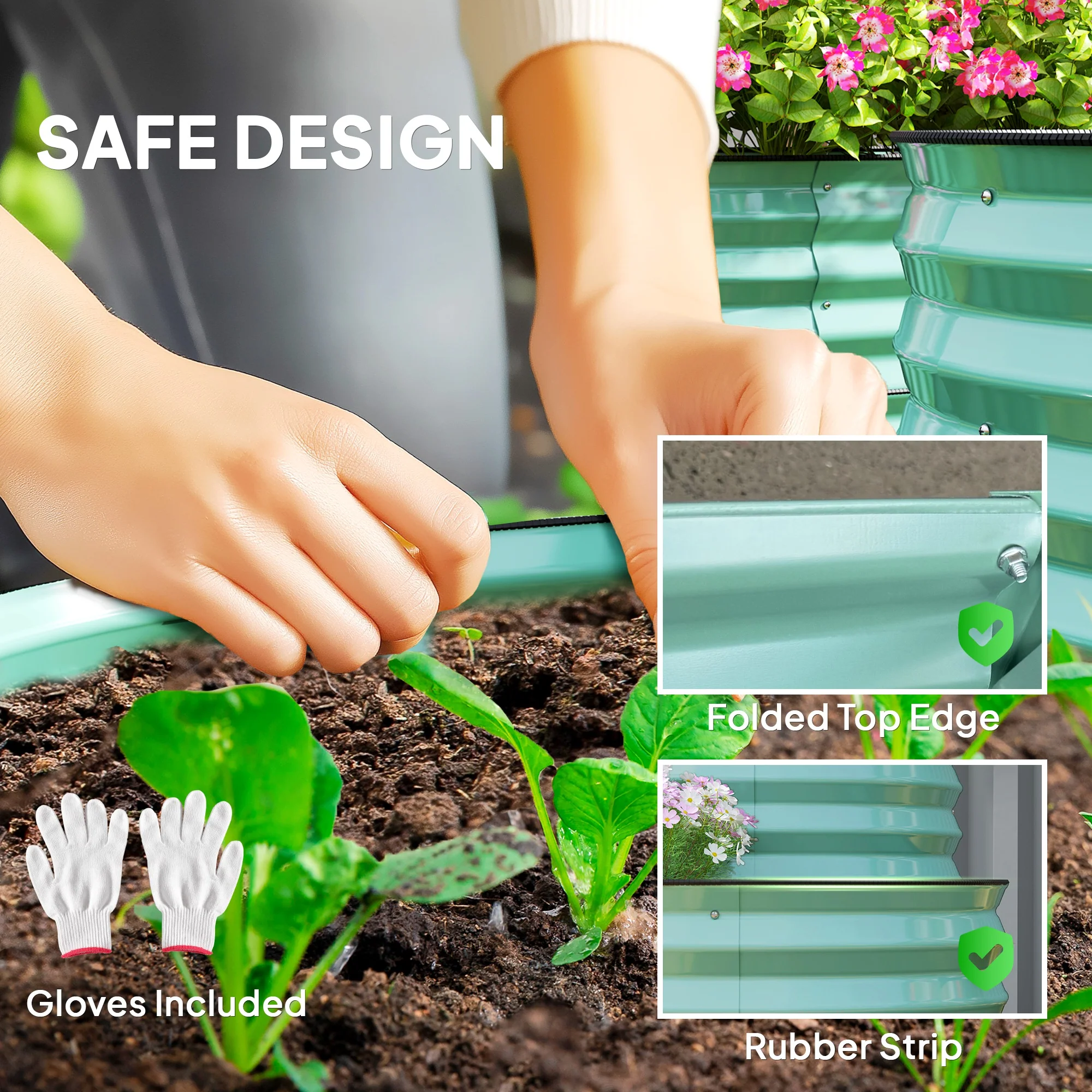 2-Tier Raised Garden Bed, Outdoor Galvanised Planter Box with Safety Edging and Gloves, Metal Raised Bed with Open Bottom for Vegetables, Flowers, Fruits and Herbs, Dark Green - Image 8