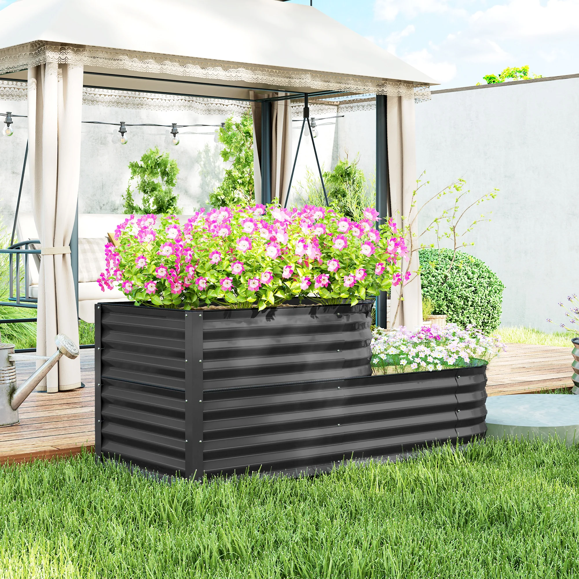 2-Tier Raised Garden Bed, Outdoor Galvanised Planter Box with Safety Edging and Gloves, Metal Raised Bed with Open Bottom for Vegetables, Flowers, Fruits and Herbs, Dark Grey - Image 10