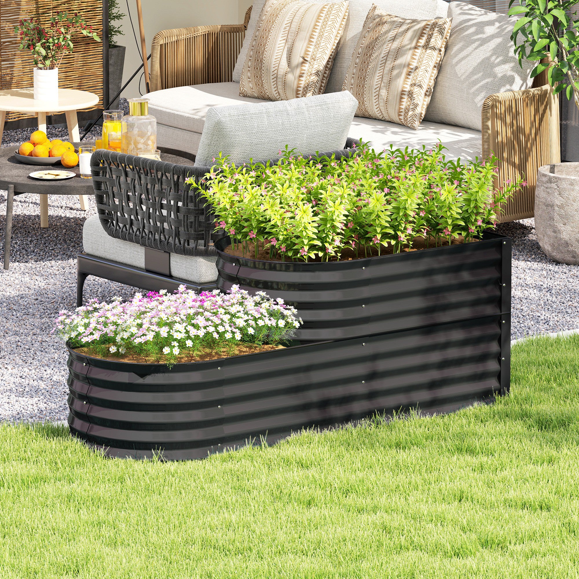 2-Tier Raised Garden Bed, Outdoor Galvanised Planter Box with Safety Edging and Gloves, Metal Raised Bed with Open Bottom for Vegetables, Flowers, Fruits and Herbs, Dark Grey - Image 3
