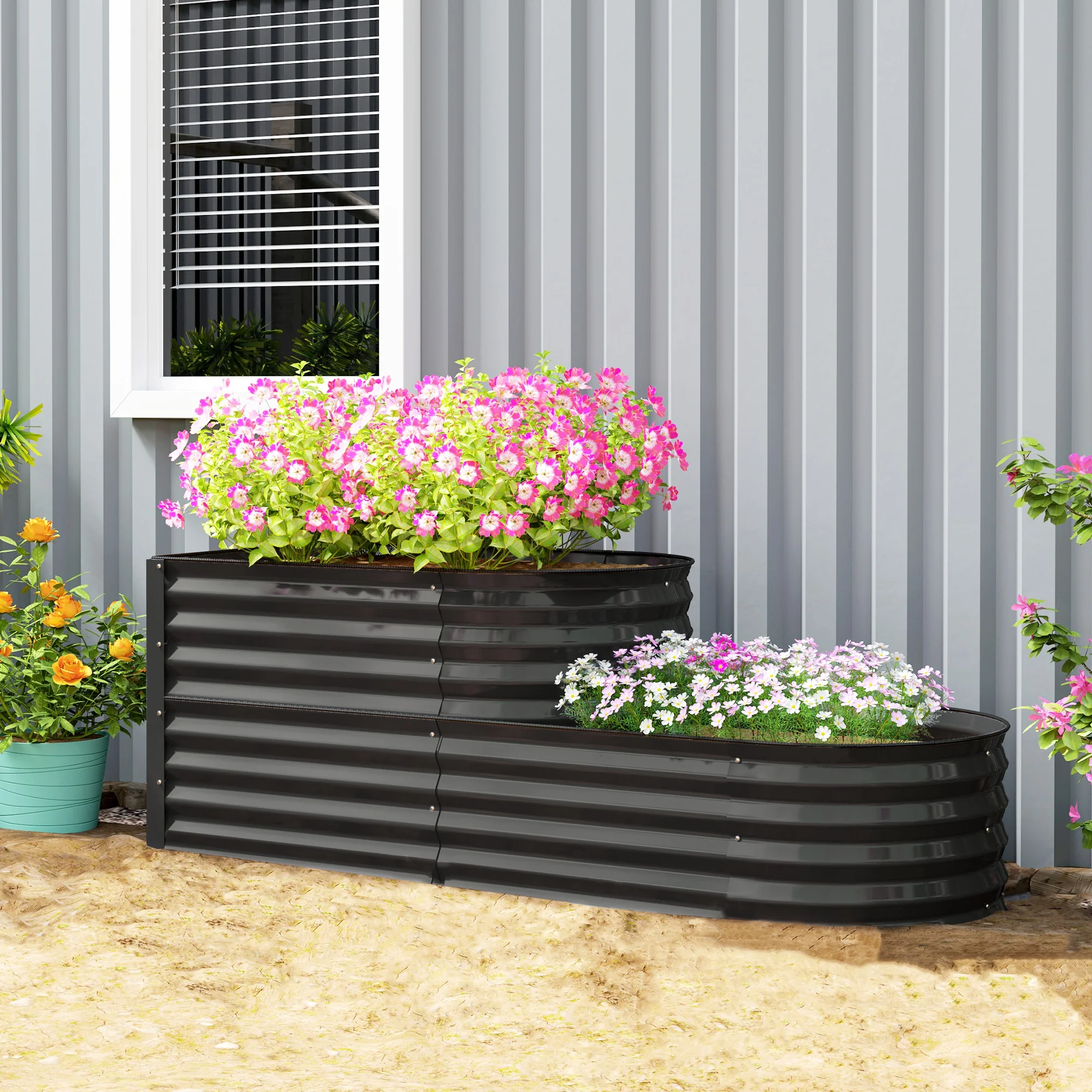 2-Tier Raised Garden Bed, Outdoor Galvanised Planter Box with Safety Edging and Gloves, Metal Raised Bed with Open Bottom for Vegetables, Flowers, Fruits and Herbs, Dark Grey - Image 4