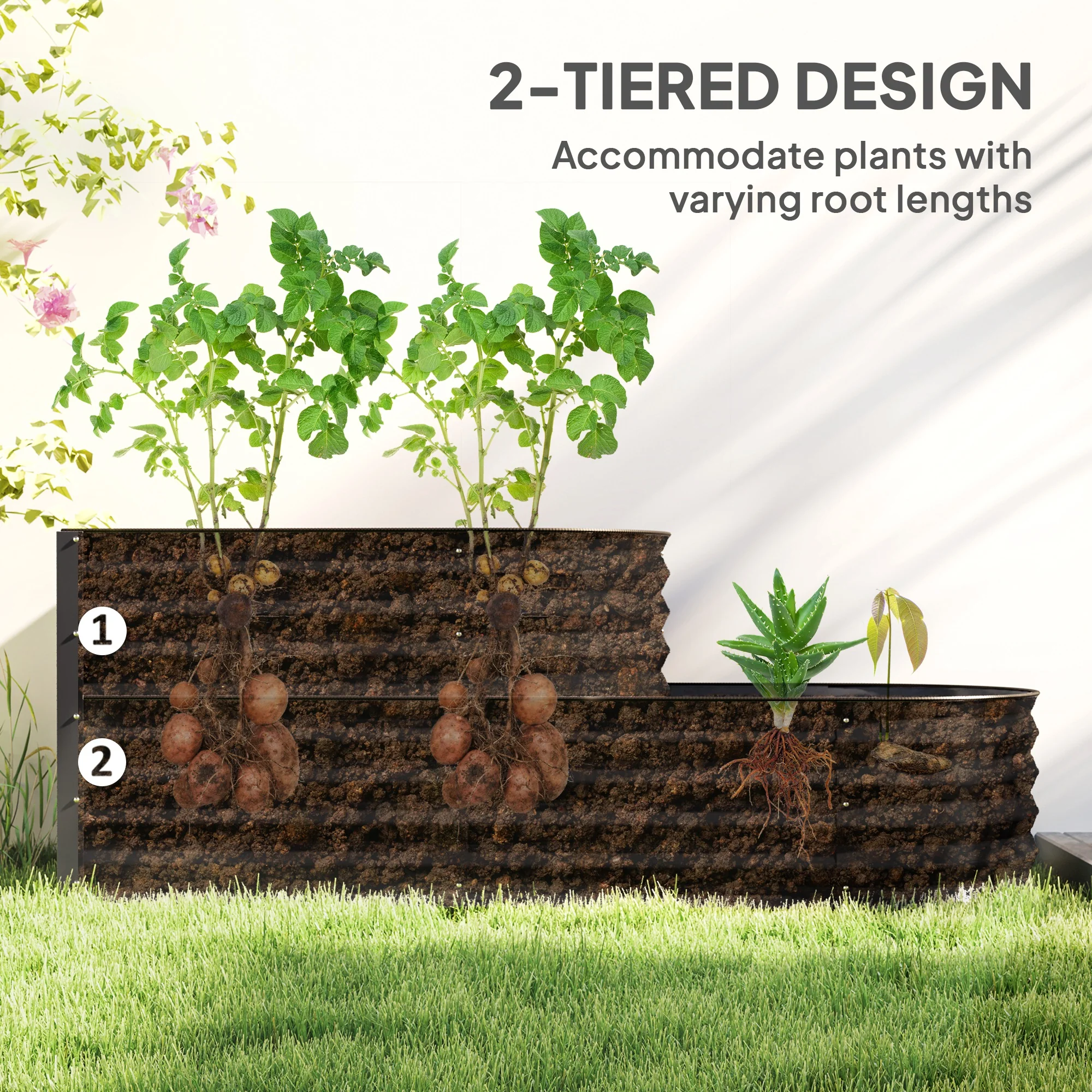 2-Tier Raised Garden Bed, Outdoor Galvanised Planter Box with Safety Edging and Gloves, Metal Raised Bed with Open Bottom for Vegetables, Flowers, Fruits and Herbs, Dark Grey - Image 6