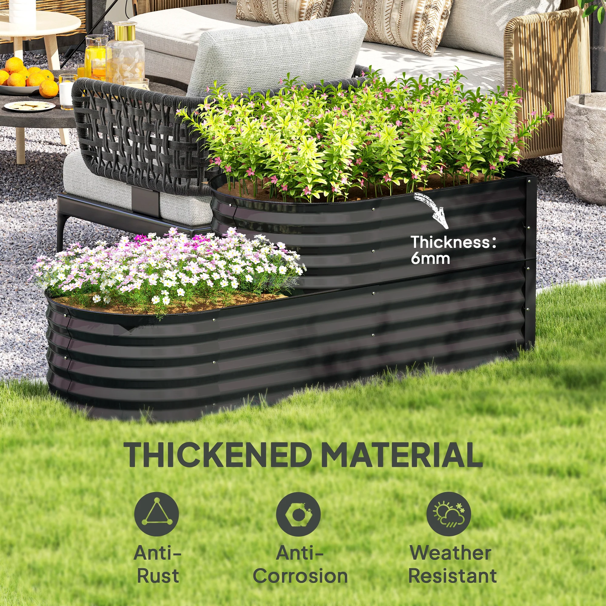 2-Tier Raised Garden Bed, Outdoor Galvanised Planter Box with Safety Edging and Gloves, Metal Raised Bed with Open Bottom for Vegetables, Flowers, Fruits and Herbs, Dark Grey - Image 7
