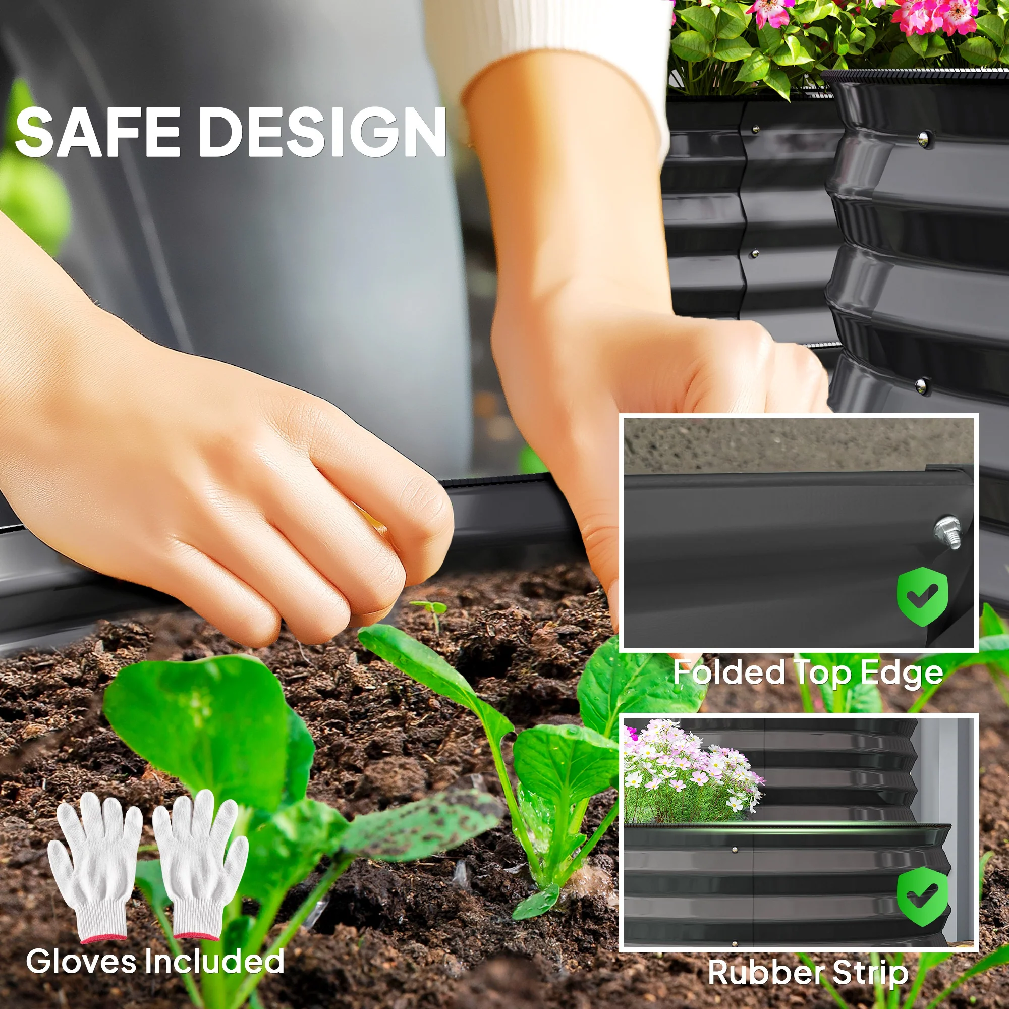 2-Tier Raised Garden Bed, Outdoor Galvanised Planter Box with Safety Edging and Gloves, Metal Raised Bed with Open Bottom for Vegetables, Flowers, Fruits and Herbs, Dark Grey - Image 8