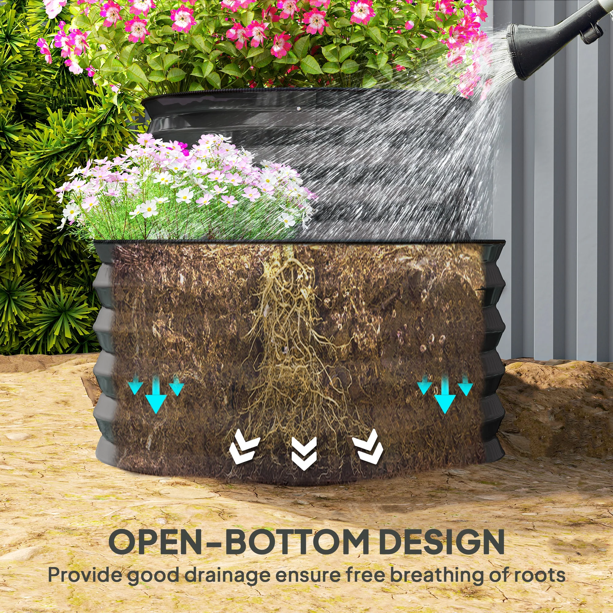 2-Tier Raised Garden Bed, Outdoor Galvanised Planter Box with Safety Edging and Gloves, Metal Raised Bed with Open Bottom for Vegetables, Flowers, Fruits and Herbs, Dark Grey - Image 9