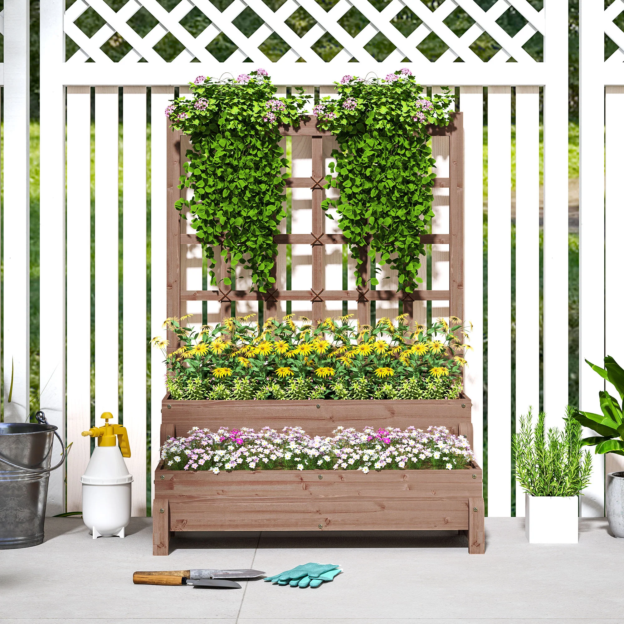 2-Tier Raised Garden Bed with Trellis, Wooden Elevated Planter Box with Drainage Holes, Outdoor Raised Planter for Climbing Plants, Fruits, Vegetables, Flowers, Brown - Image 10
