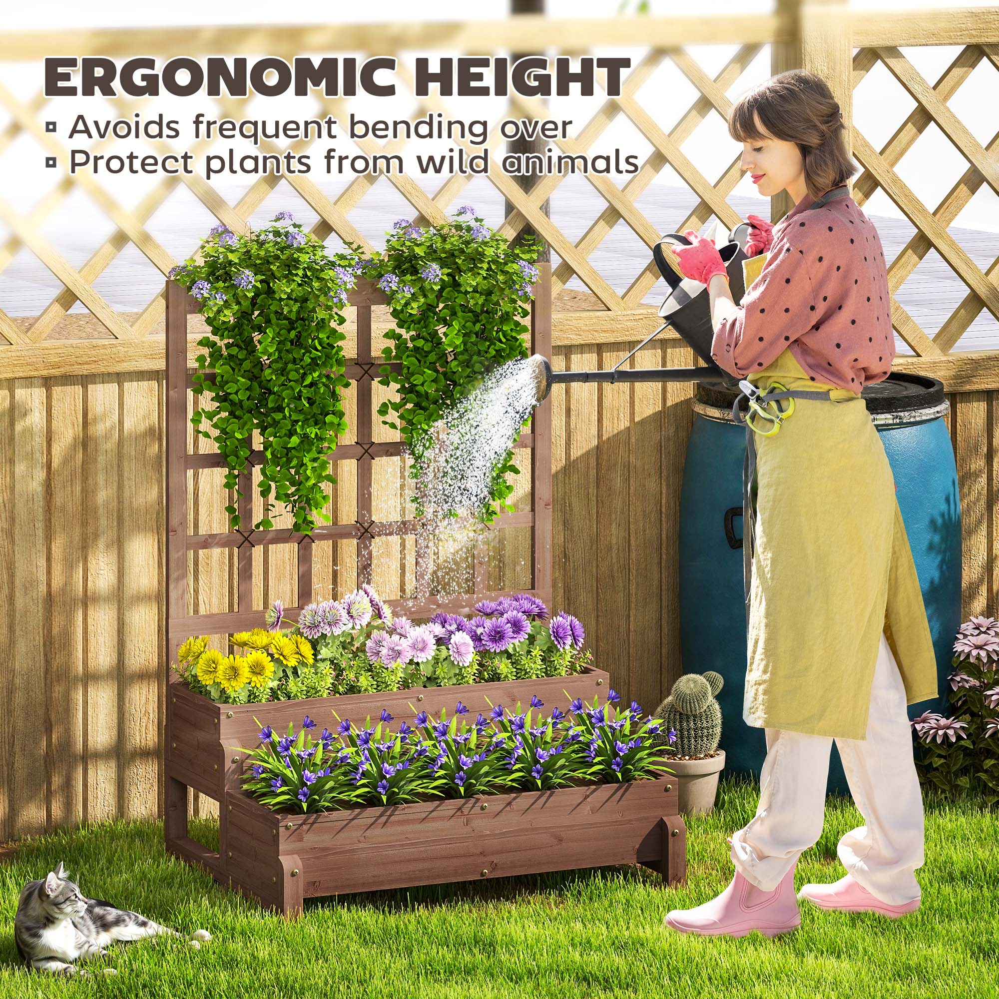 2-Tier Raised Garden Bed with Trellis, Wooden Elevated Planter Box with Drainage Holes, Outdoor Raised Planter for Climbing Plants, Fruits, Vegetables, Flowers, Brown - Image 8