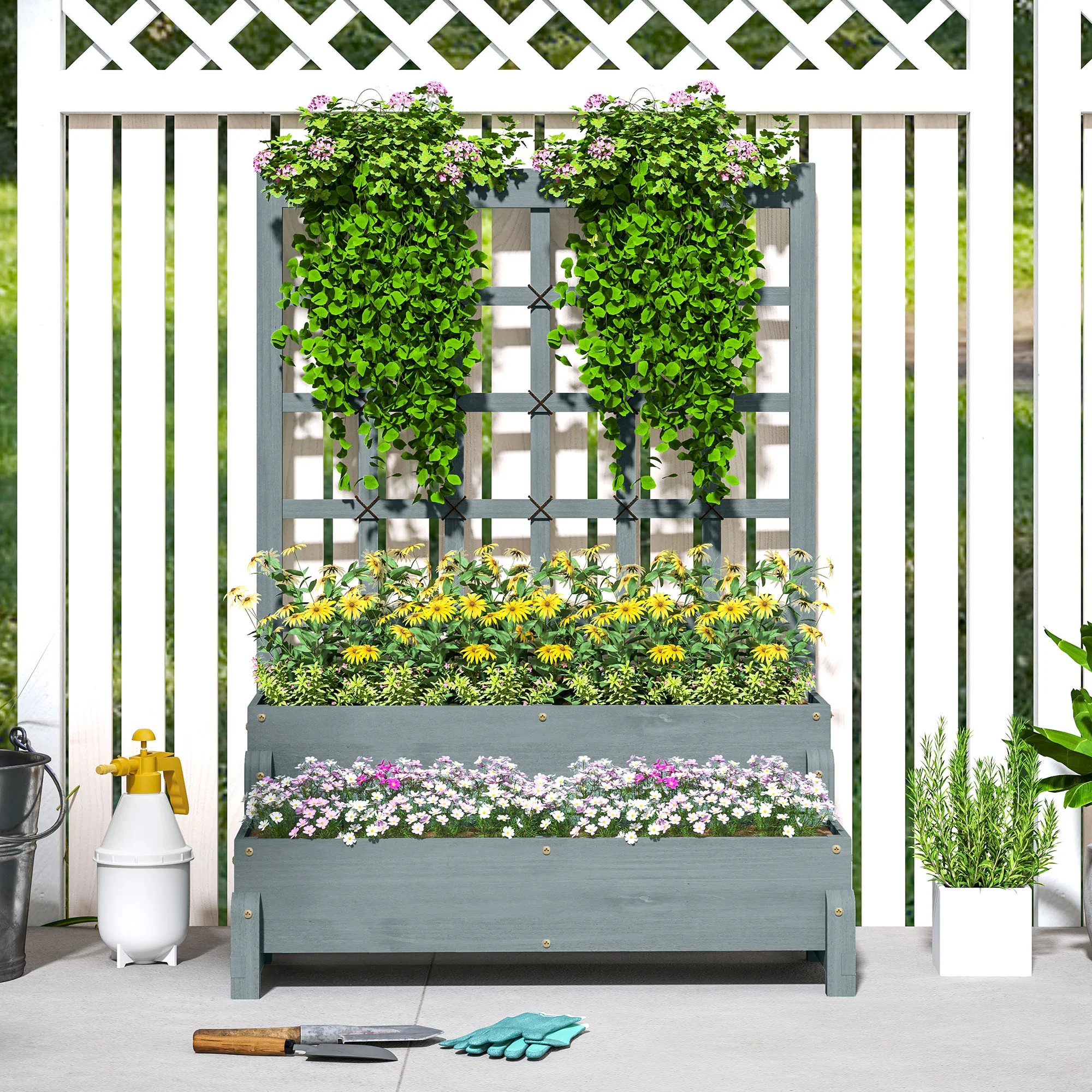 2-Tier Raised Garden Bed with Trellis, Wooden Elevated Planter Box with Drainage Holes, Outdoor Raised Planter for Climbing Plants, Fruits, Vegetables, Flowers, Grey - Image 10