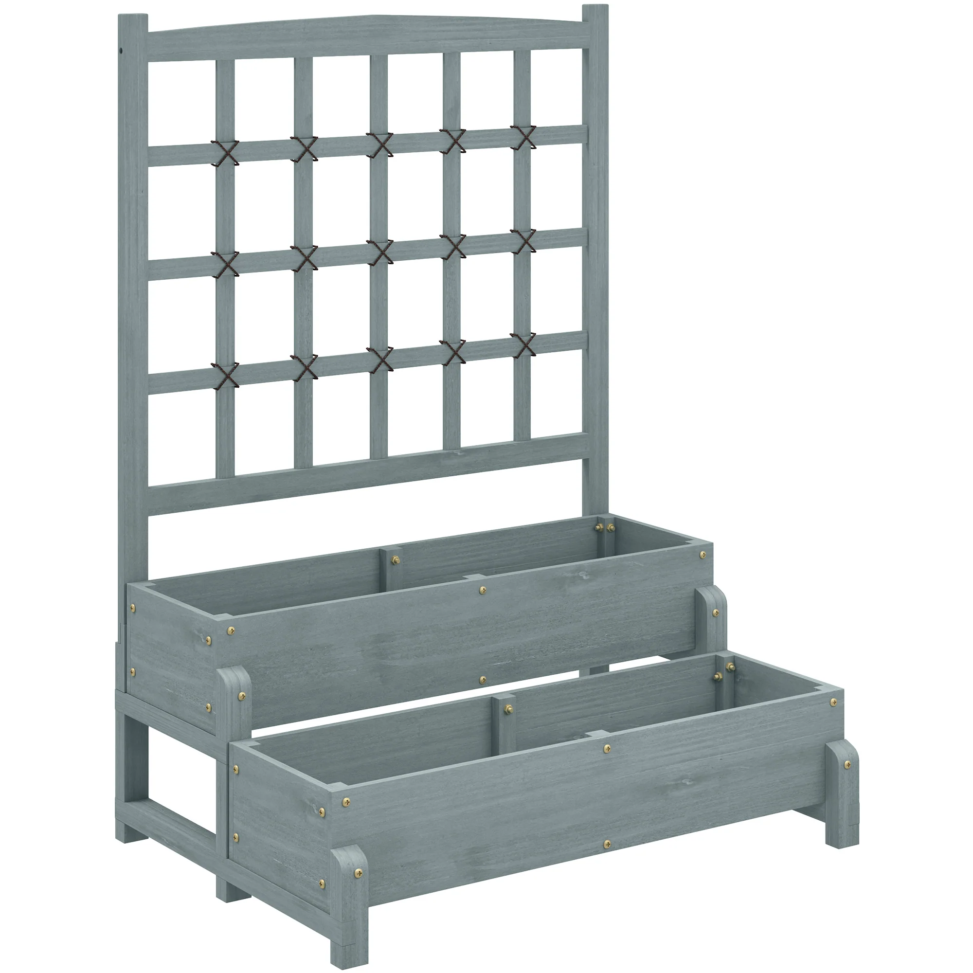 2-Tier Raised Garden Bed with Trellis, Wooden Elevated Planter Box with Drainage Holes, Outdoor Raised Planter for Climbing Plants, Fruits, Vegetables, Flowers, Grey - Image 12
