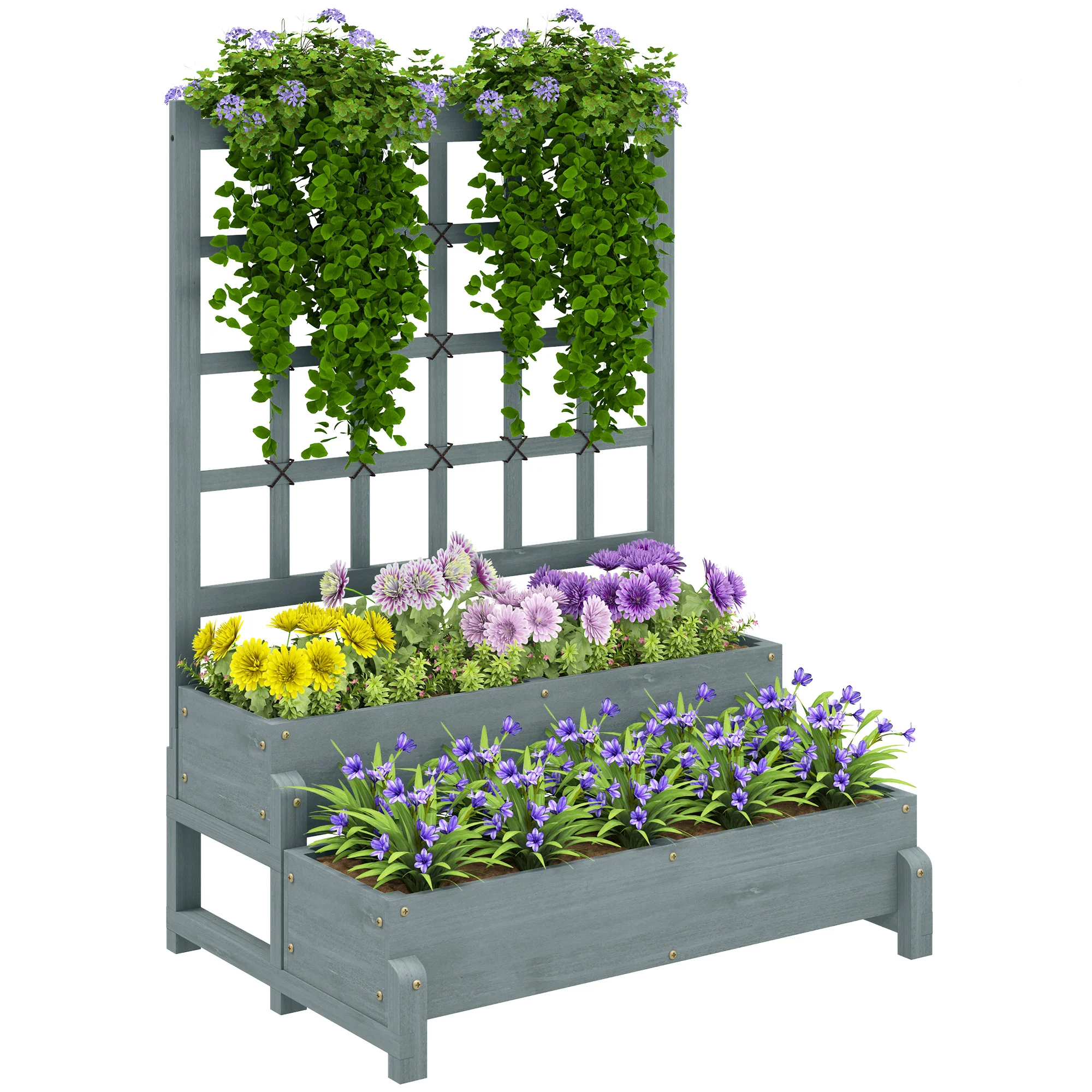 2-Tier Raised Garden Bed with Trellis, Wooden Elevated Planter Box with Drainage Holes, Outdoor Raised Planter for Climbing Plants, Fruits, Vegetables, Flowers, Grey - Image 2