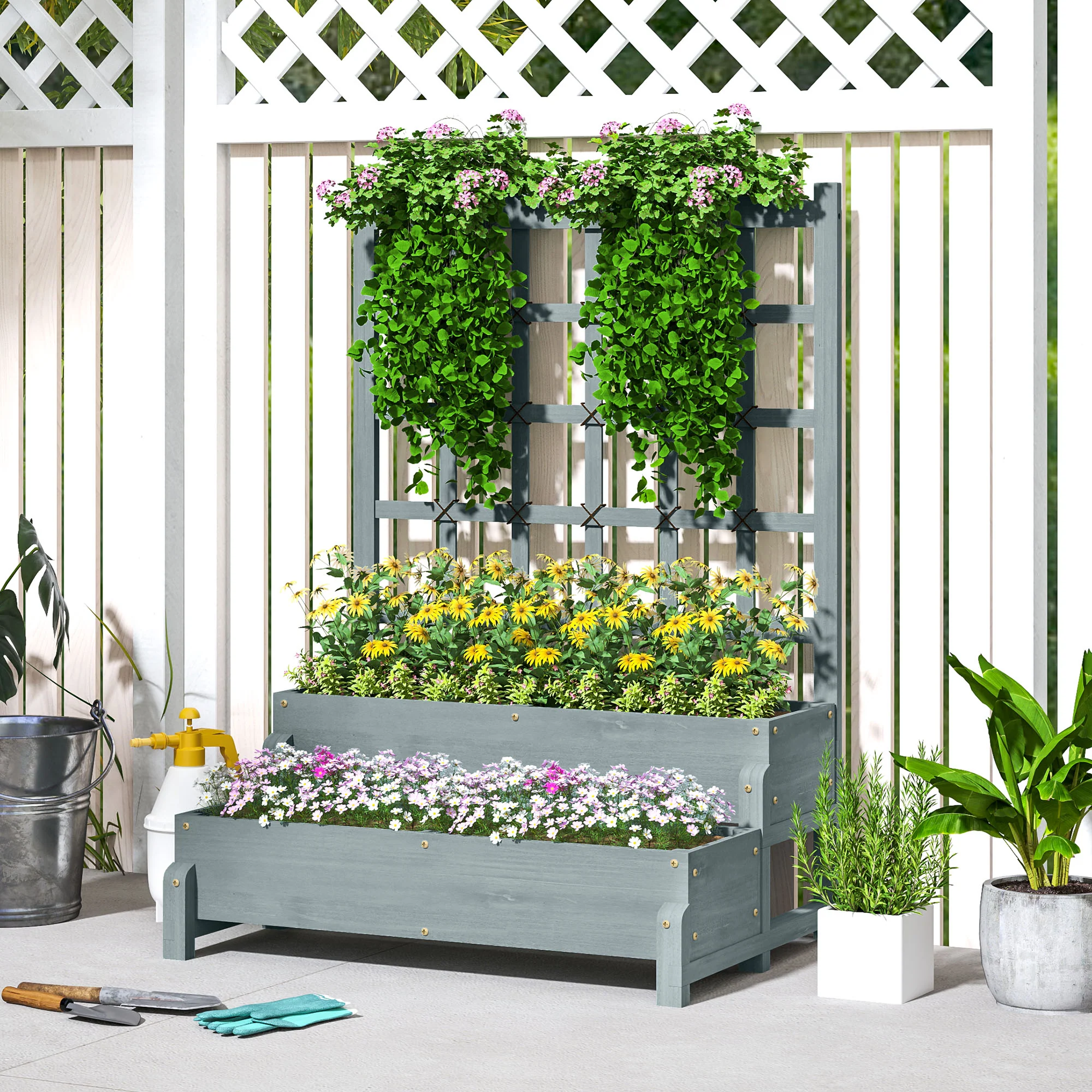 2-Tier Raised Garden Bed with Trellis, Wooden Elevated Planter Box with Drainage Holes, Outdoor Raised Planter for Climbing Plants, Fruits, Vegetables, Flowers, Grey - Image 4