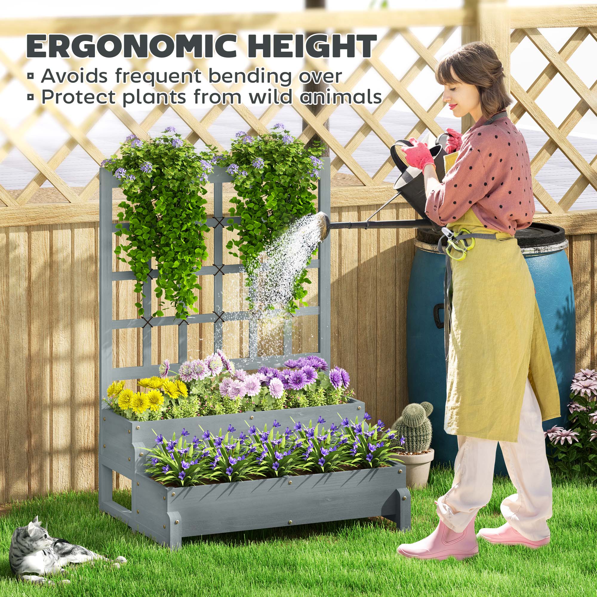 2-Tier Raised Garden Bed with Trellis, Wooden Elevated Planter Box with Drainage Holes, Outdoor Raised Planter for Climbing Plants, Fruits, Vegetables, Flowers, Grey - Image 8