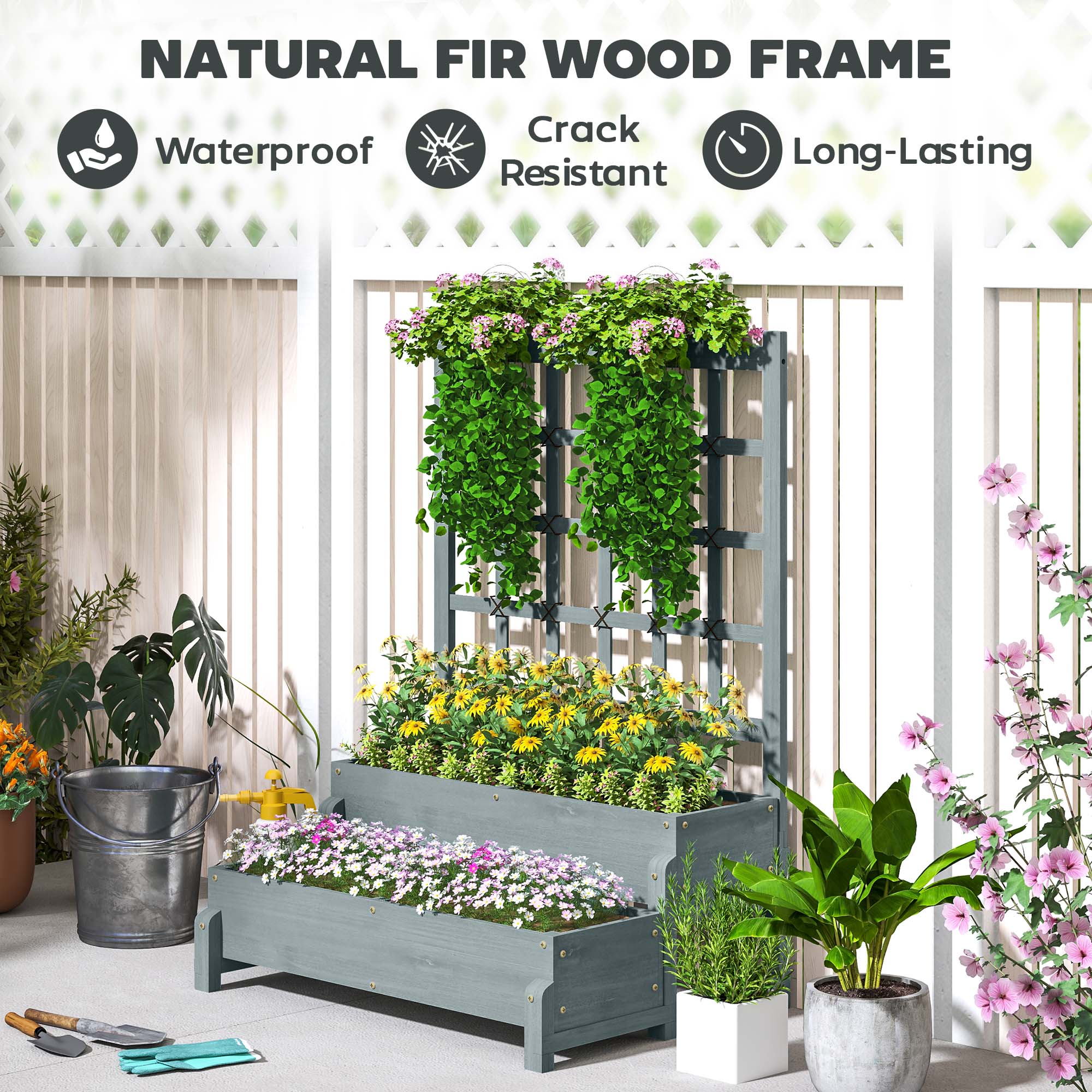 2-Tier Raised Garden Bed with Trellis, Wooden Elevated Planter Box with Drainage Holes, Outdoor Raised Planter for Climbing Plants, Fruits, Vegetables, Flowers, Grey - Image 9