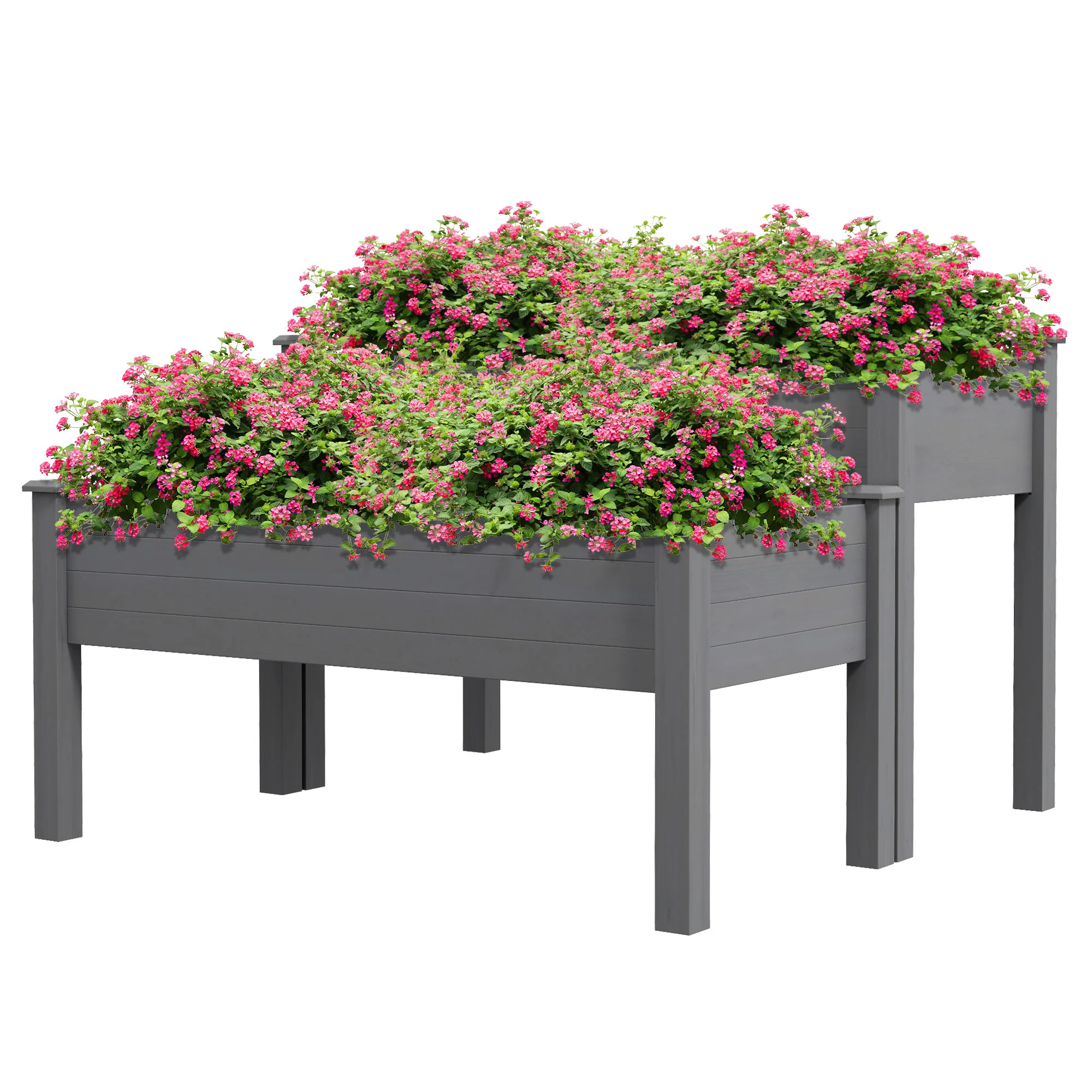 2-Tier Wooden Raised Garden Bed with 2 Compartments, Grey - Image 2