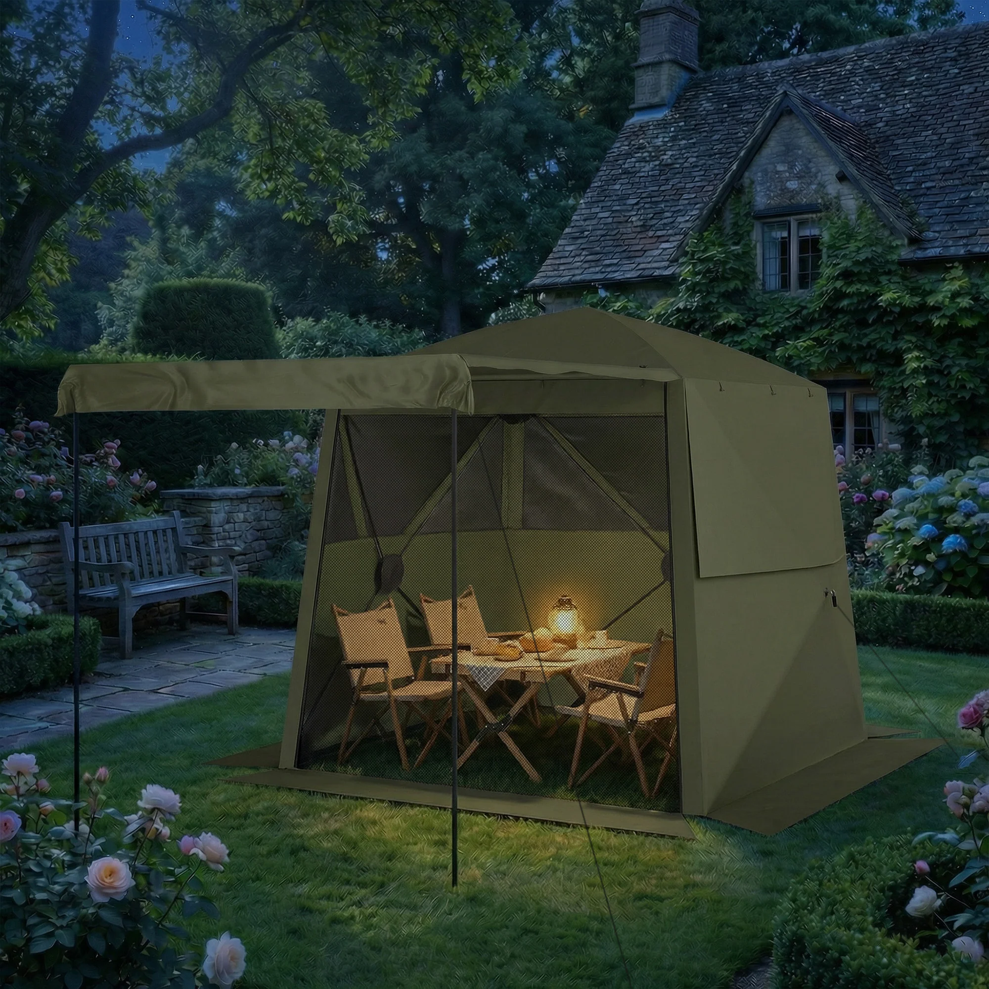 2 x 2 m Pop Up Gazebo with Awning, Sides, Mesh Windows & Carry Bag, Army Green - Image 10