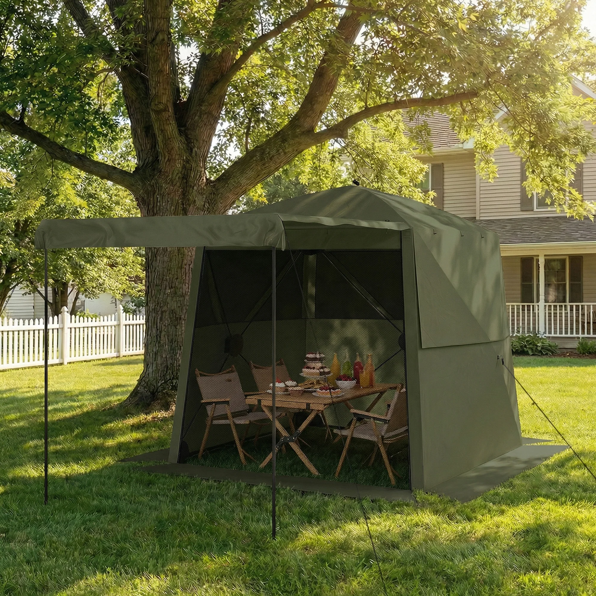 2 x 2 m Pop Up Gazebo with Awning, Sides, Mesh Windows & Carry Bag, Army Green - Image 3