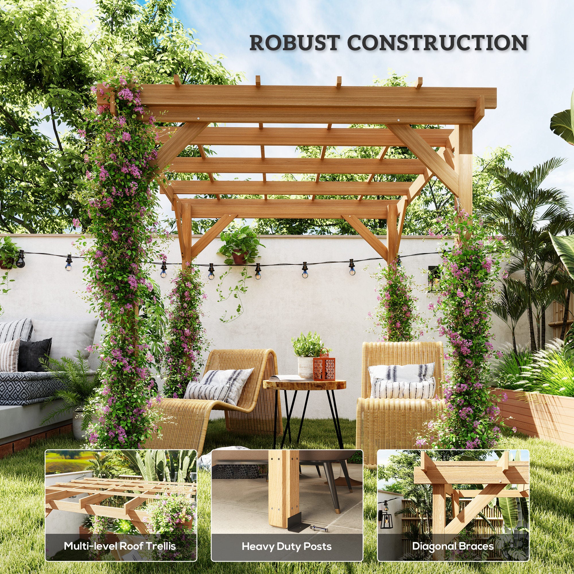 2 x 2m Wooden Pergola Kit with Stable Structure for Climbing Vines, Flowers, Dark Brown - Image 8