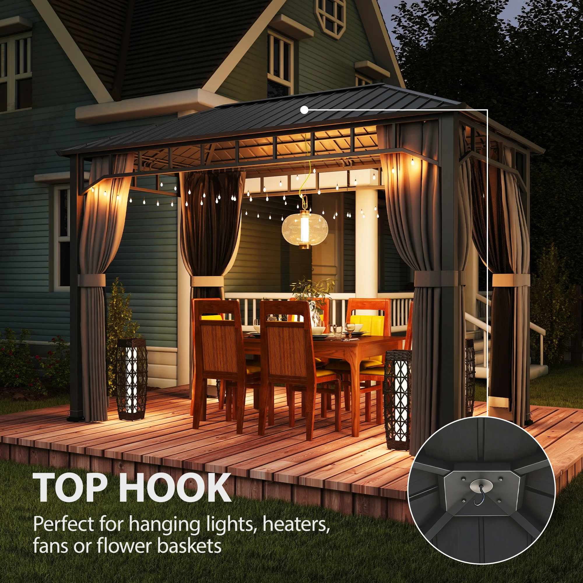 2 x 3.5 m Hardtop Gazebo with Galvanised Roof, Netting & Curtains, Dark Grey - Image 10