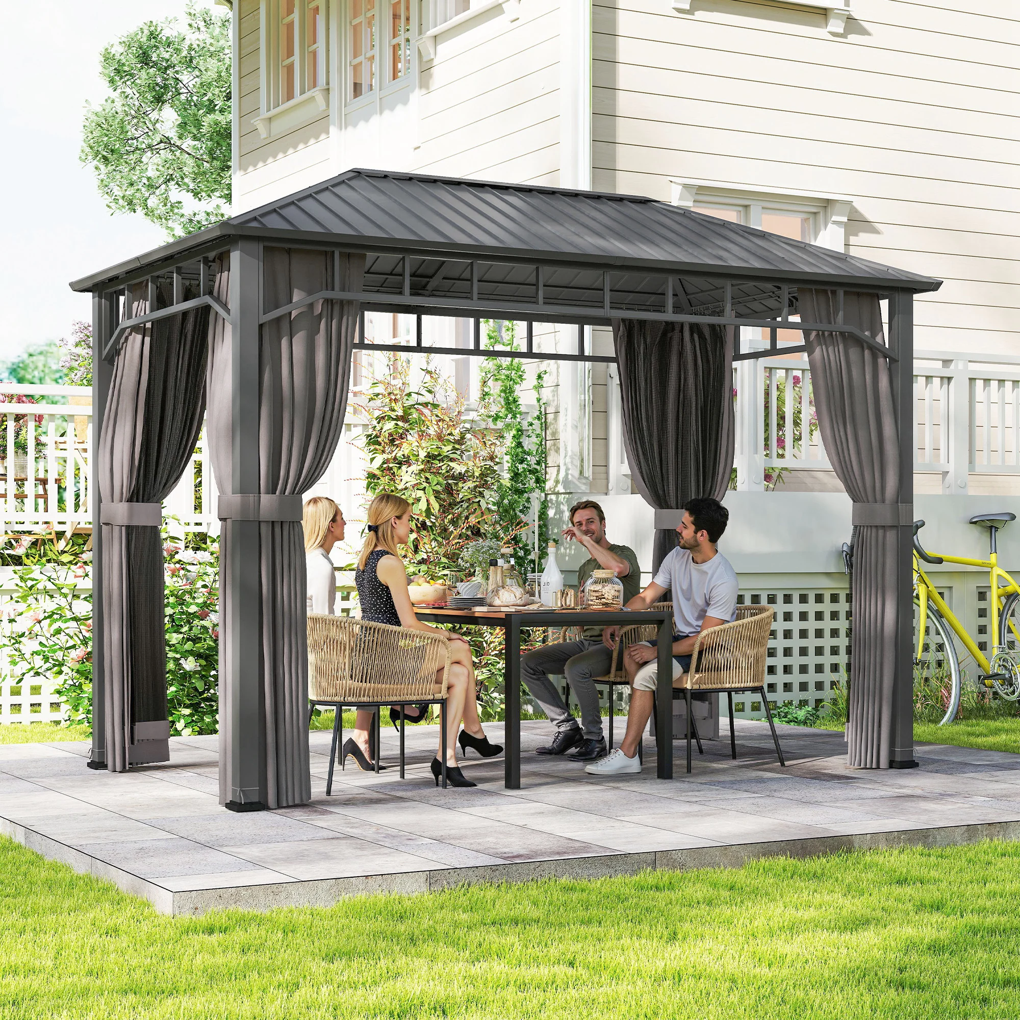 2 x 3.5 m Hardtop Gazebo with Galvanised Roof, Netting & Curtains, Dark Grey - Image 11