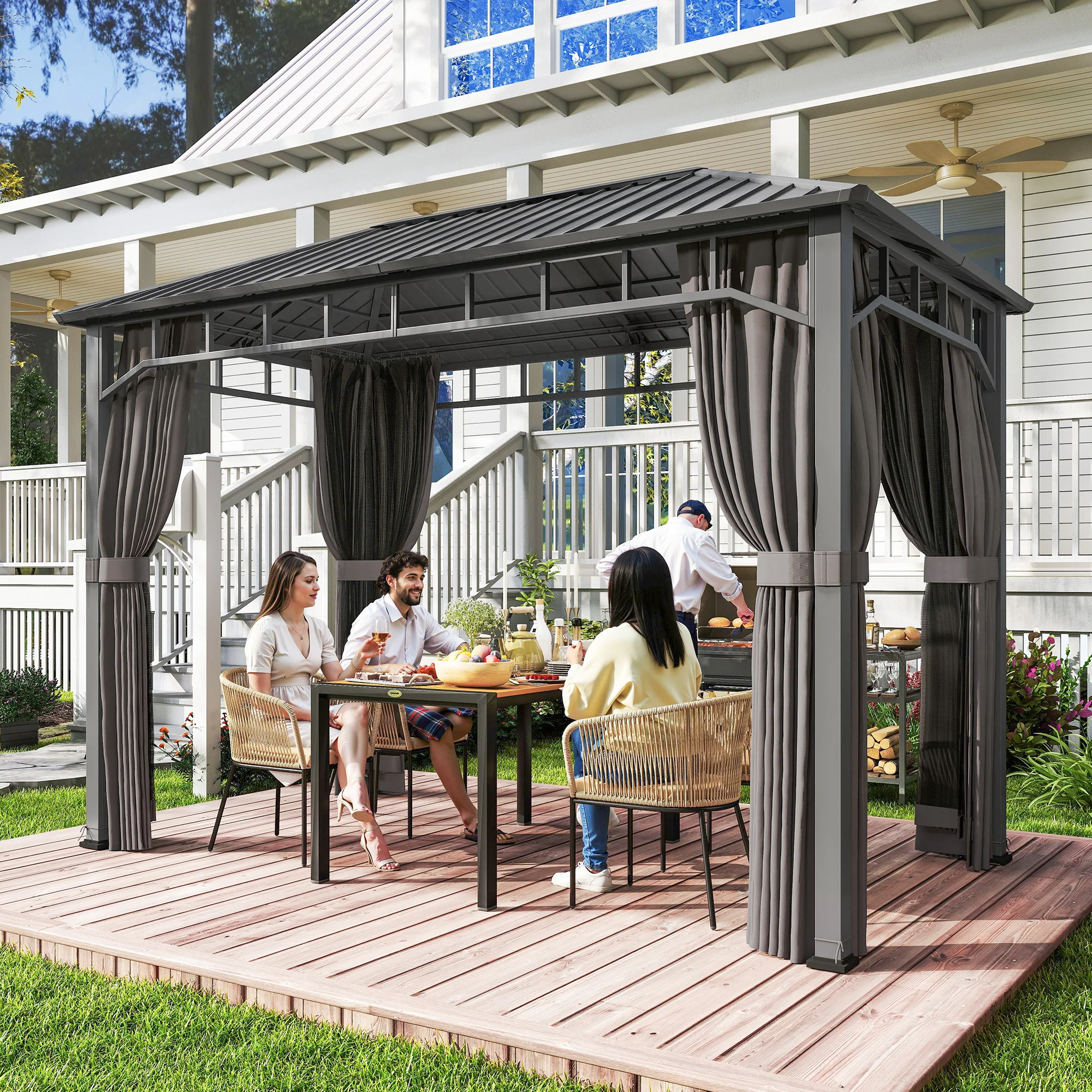 2 x 3.5 m Hardtop Gazebo with Galvanised Roof, Netting & Curtains, Dark Grey - Image 3