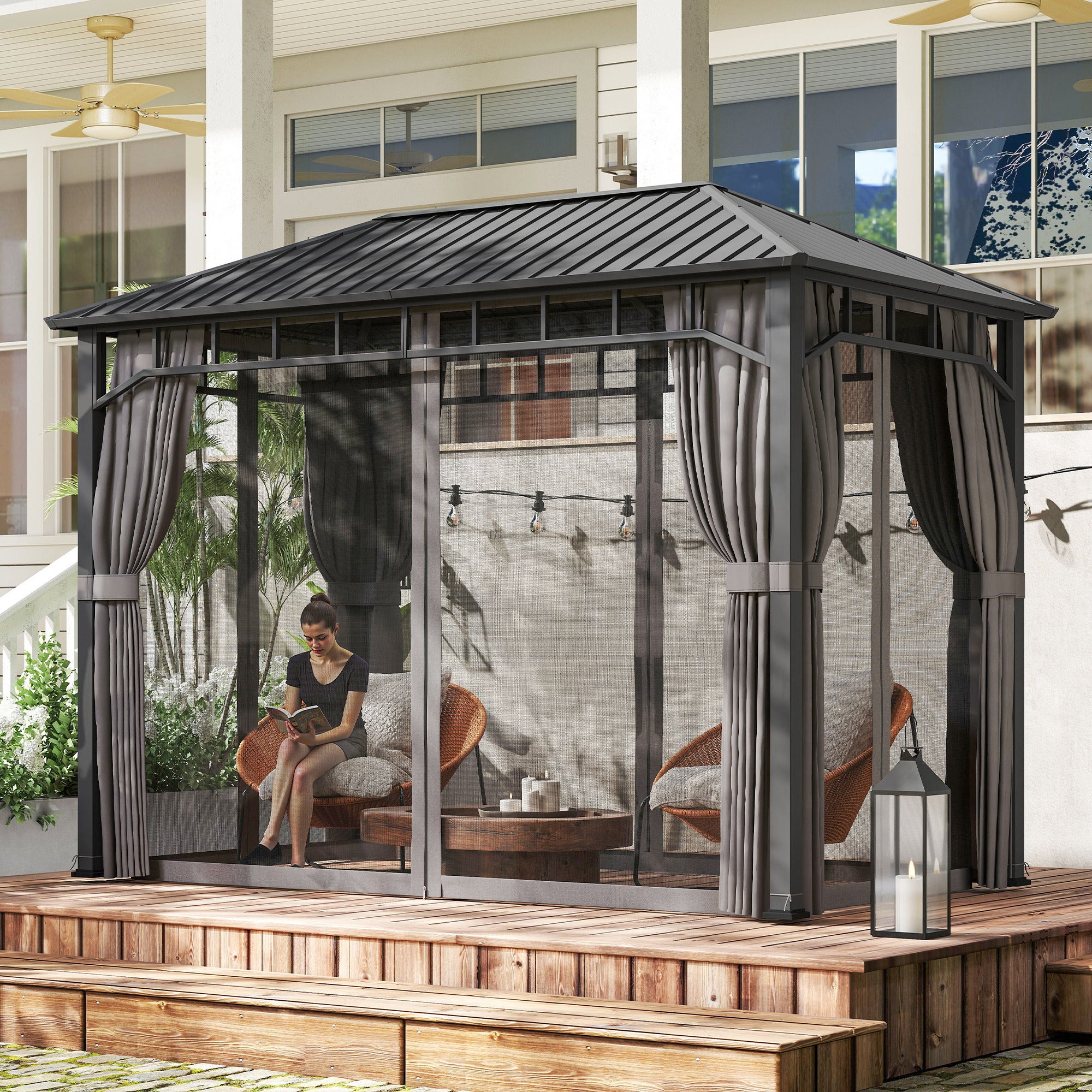 2 x 3.5 m Hardtop Gazebo with Galvanised Roof, Netting & Curtains, Dark Grey - Image 4
