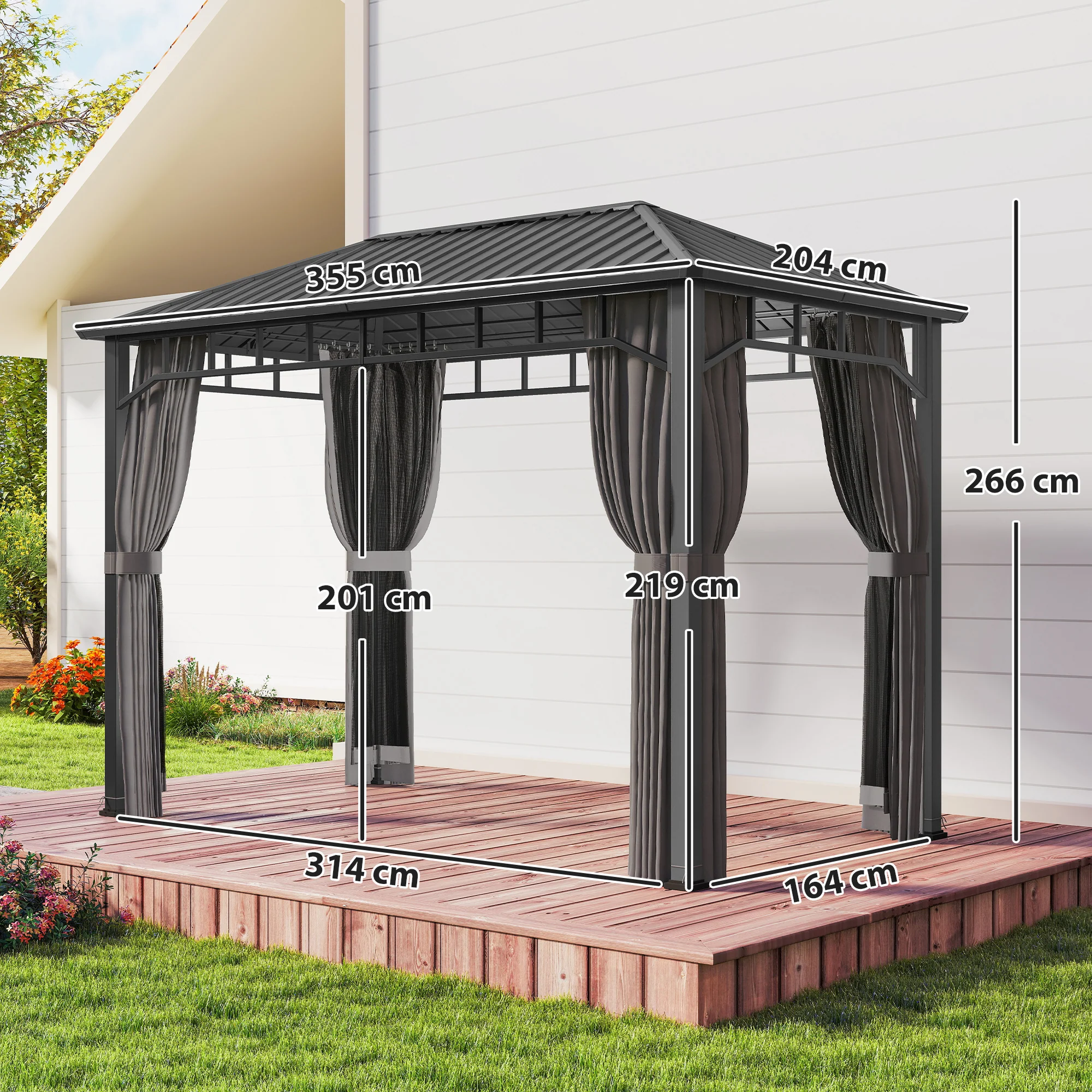 2 x 3.5 m Hardtop Gazebo with Galvanised Roof, Netting & Curtains, Dark Grey - Image 5