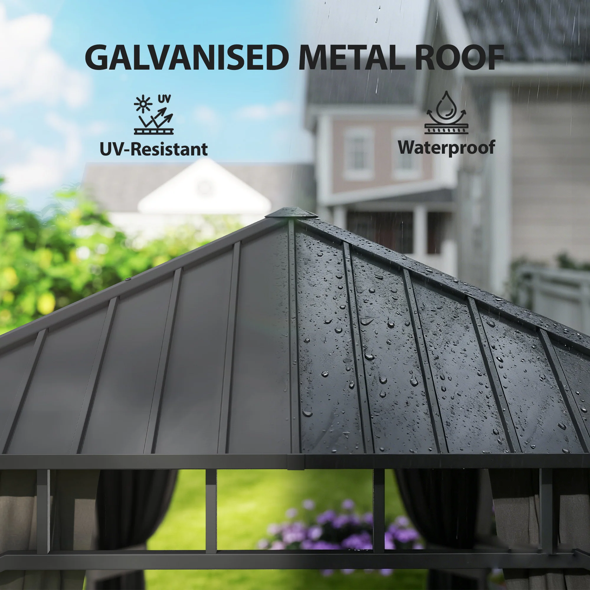 2 x 3.5 m Hardtop Gazebo with Galvanised Roof, Netting & Curtains, Dark Grey - Image 6