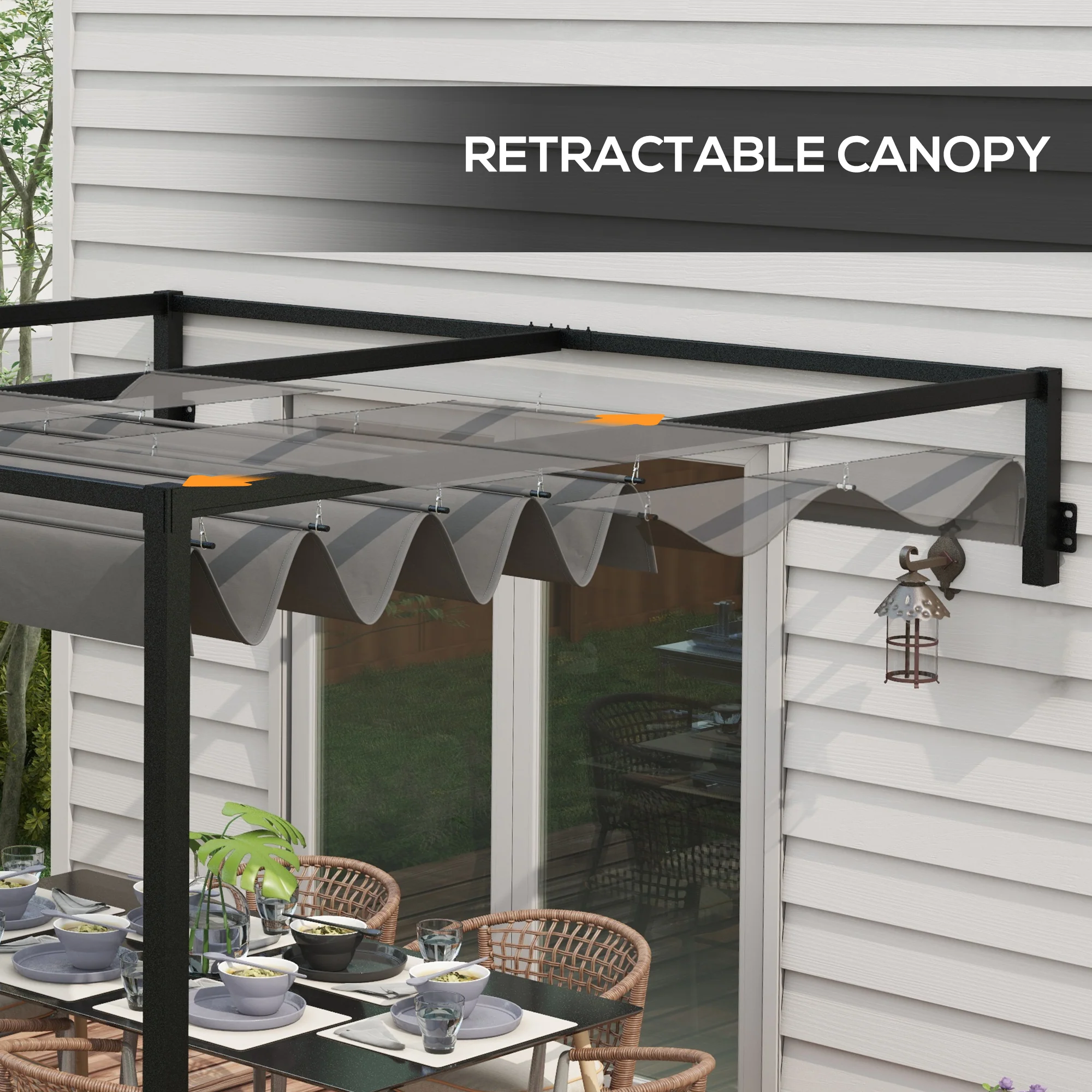 2 x 3m Lean To Pergola with Retractable Roof, Wall Mounted Garden Gazebo, Dark Grey - Image 7