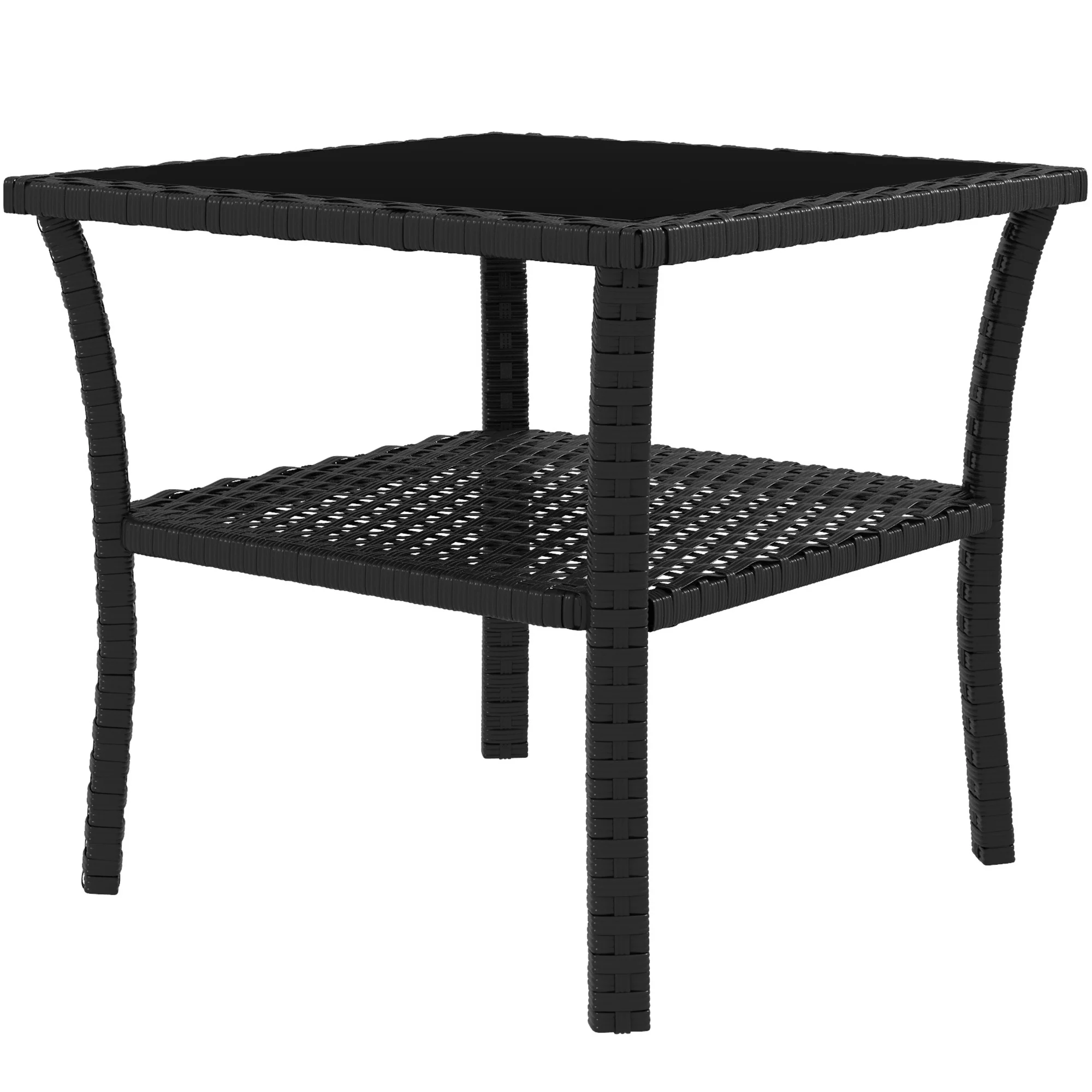 20" Patio Wicker Coffee Table, 2-Tier Outdoor PE Rattan Side Table with Glass Top, Black - Image 12