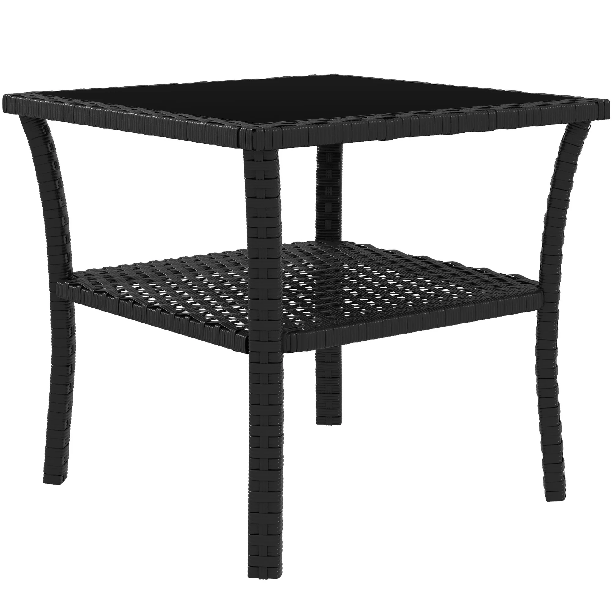 20" Patio Wicker Coffee Table, 2-Tier Outdoor PE Rattan Side Table with Glass Top, Black - Image 2
