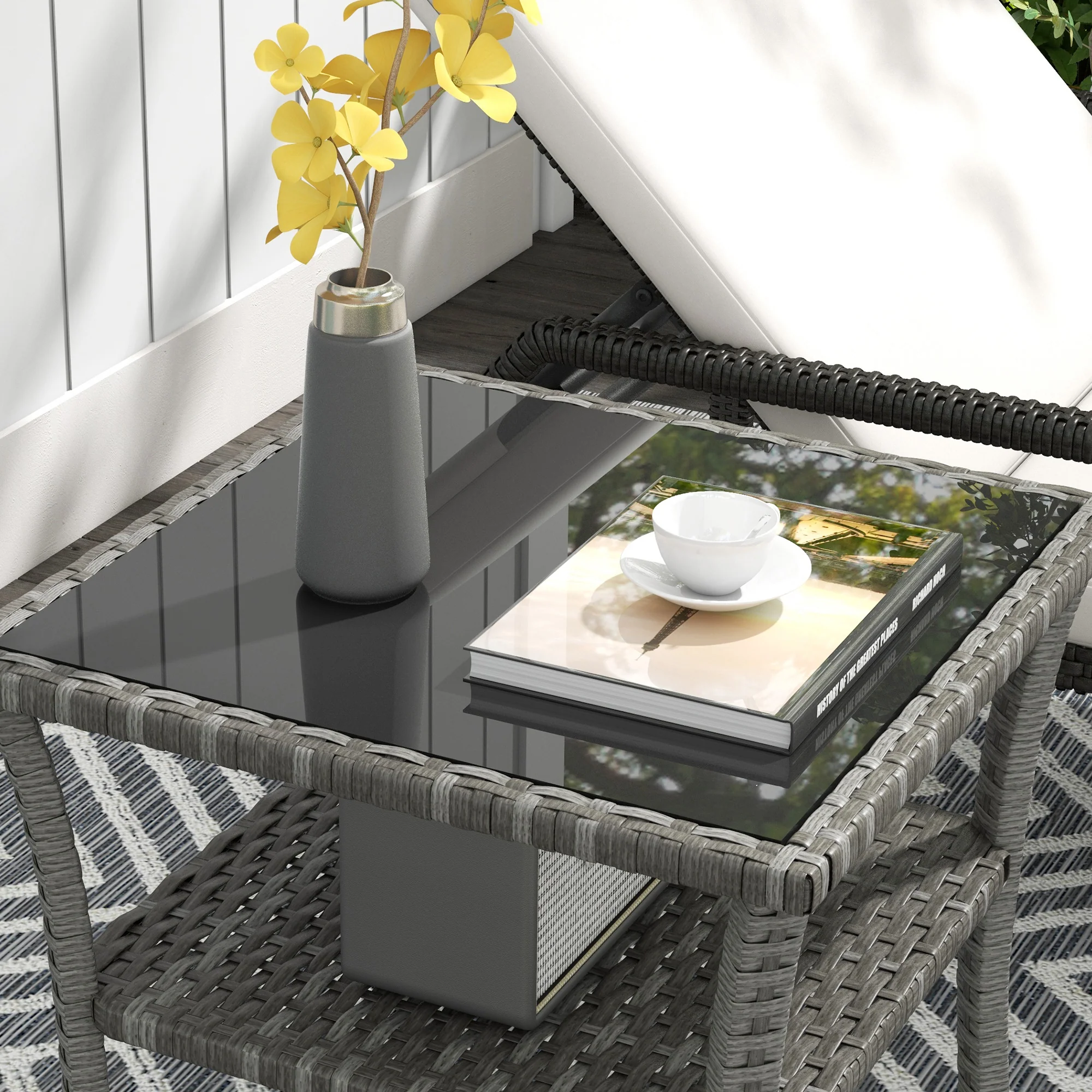 20" Patio Wicker Coffee Table, 2-Tier Outdoor PE Rattan Side Table with Glass Top, Grey - Image 11