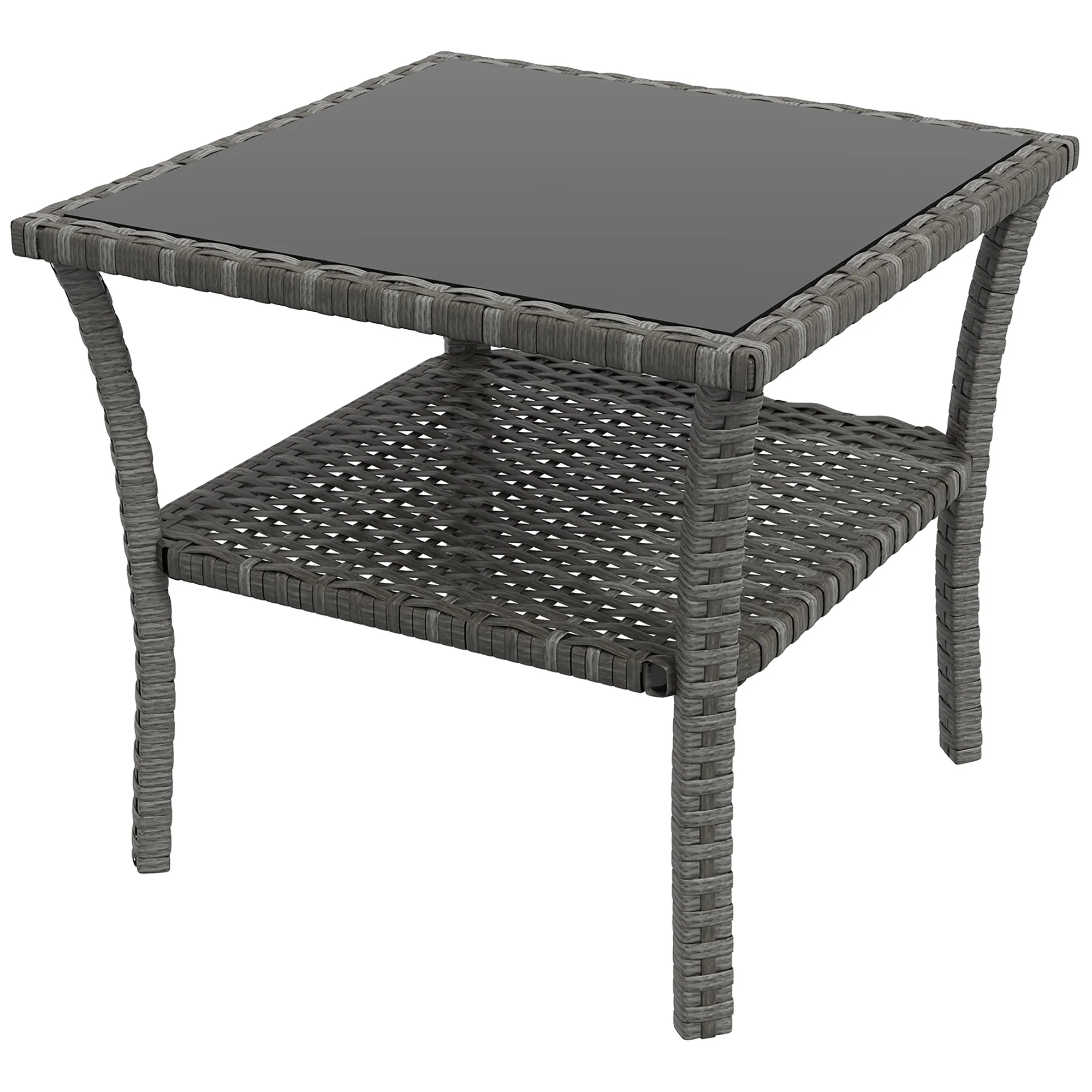 20" Patio Wicker Coffee Table, 2-Tier Outdoor PE Rattan Side Table with Glass Top, Grey - Image 12