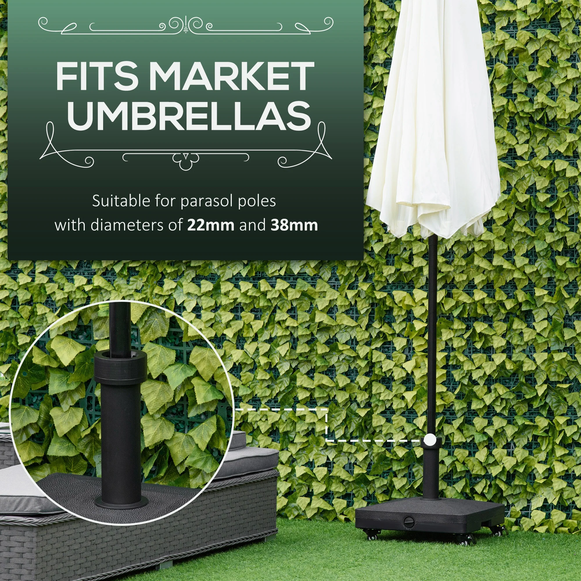 20kg Heavy Duty Garden Parasol Base Stand with Wheels, Sand or Water Can Be Filled, Black - Image 6