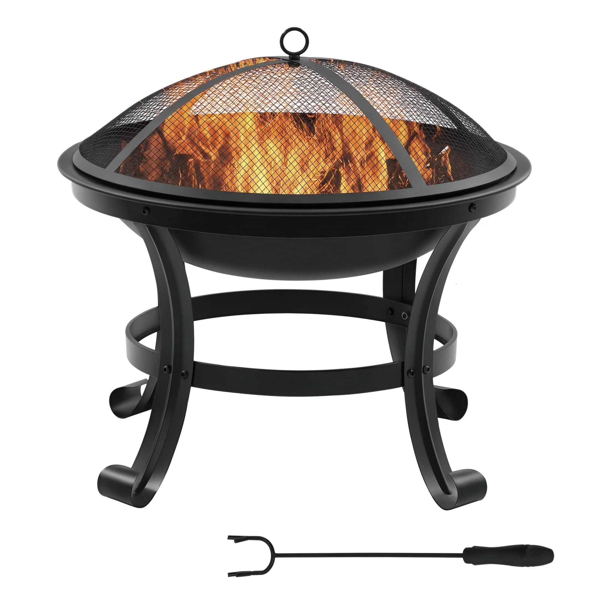 21.7" Outdoor Fire Pit with Mesh Lid and Poker, Black