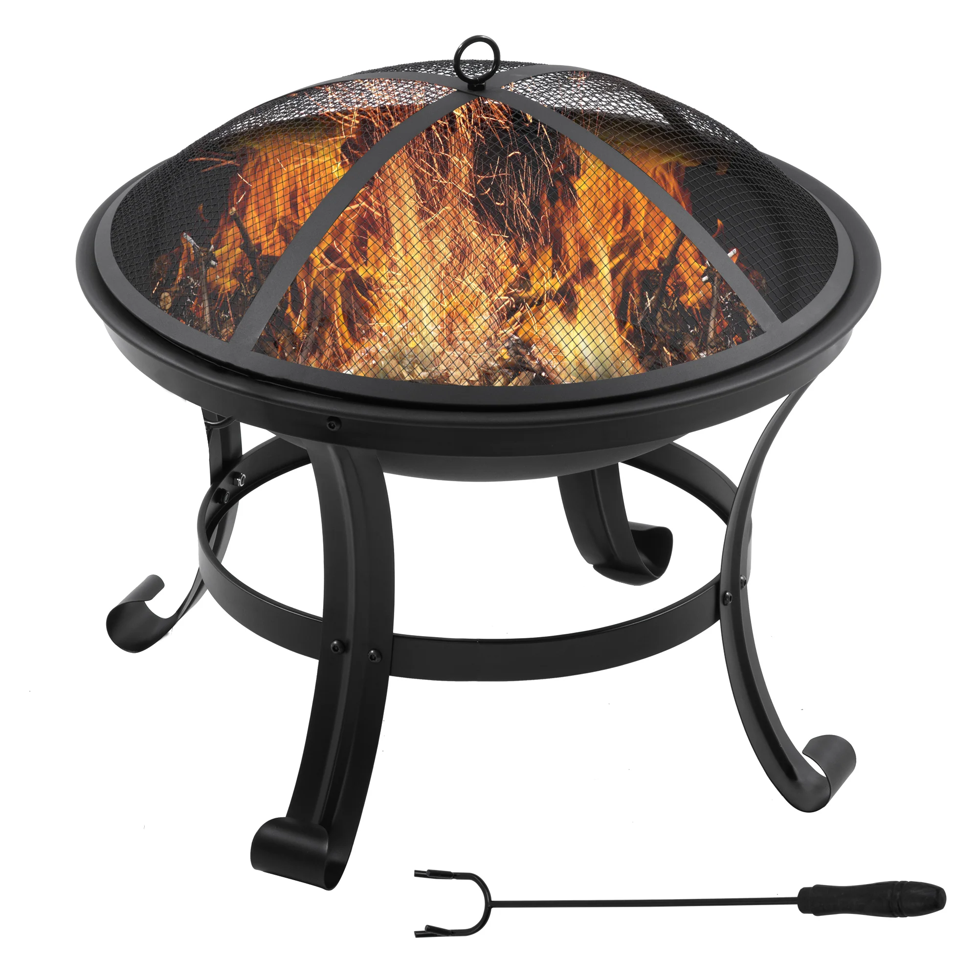 21.7" Outdoor Fire Pit with Mesh Lid and Poker, Black - Image 2