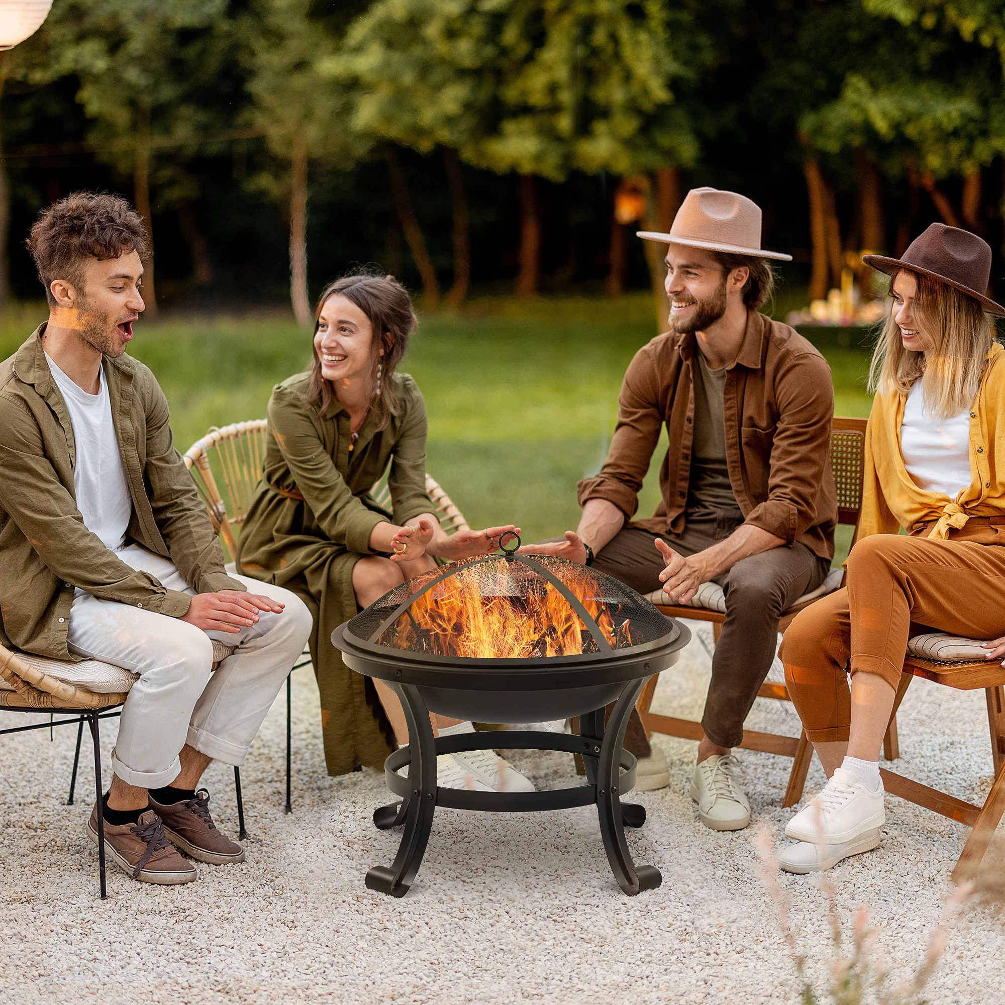 21.7" Outdoor Fire Pit with Mesh Lid and Poker, Black - Image 3
