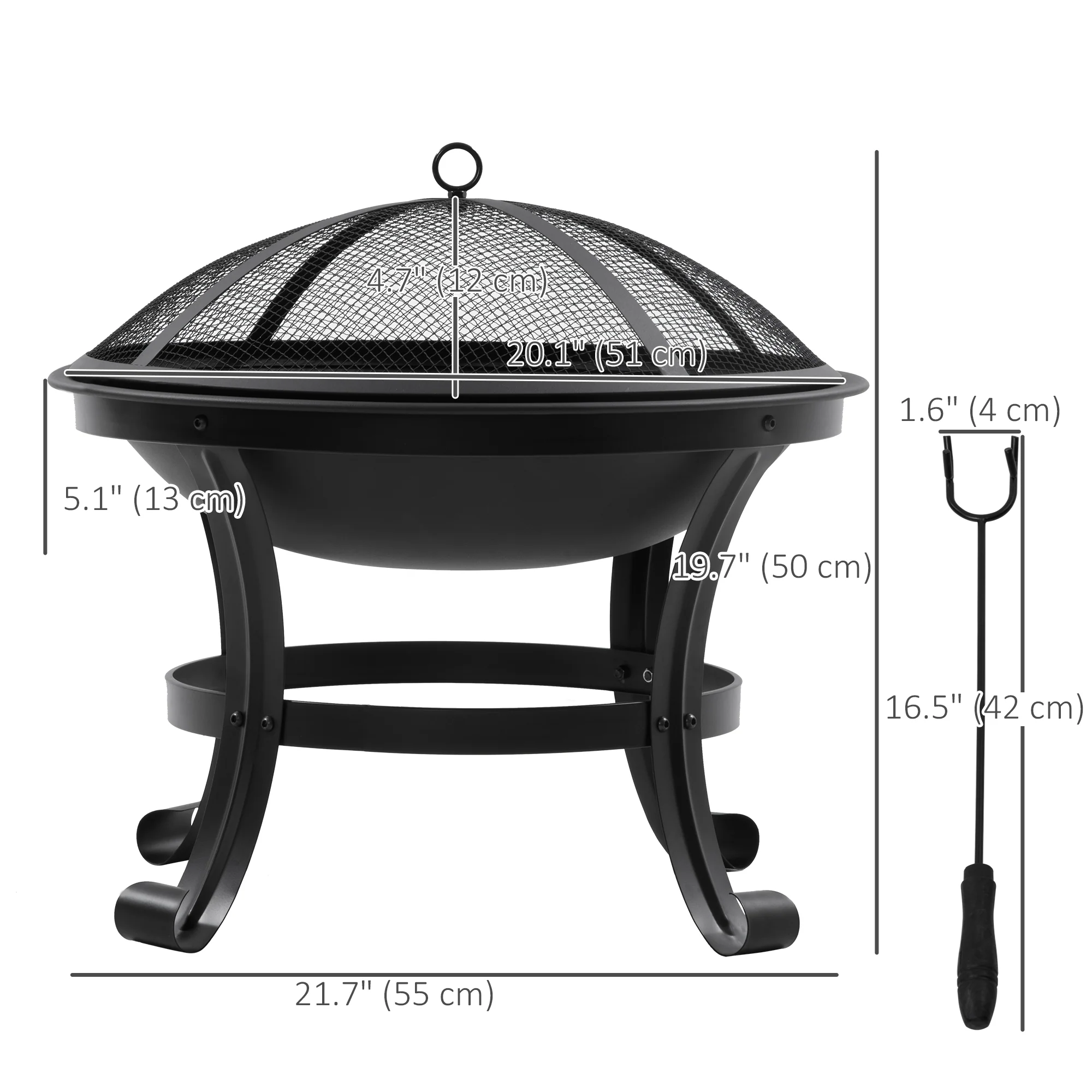 21.7" Outdoor Fire Pit with Mesh Lid and Poker, Black - Image 5