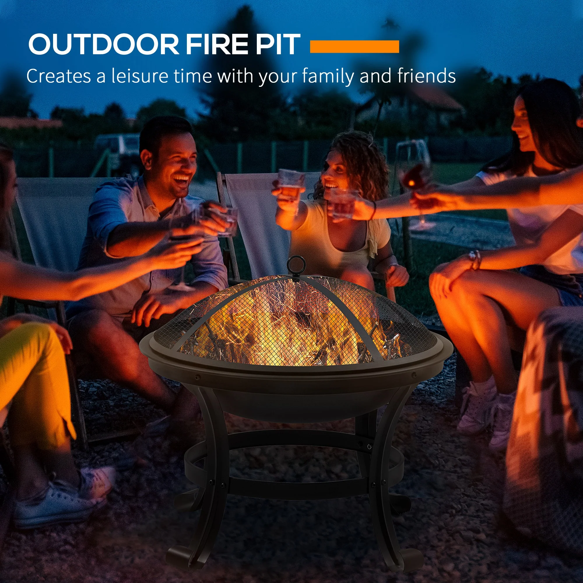 21.7" Outdoor Fire Pit with Mesh Lid and Poker, Black - Image 6
